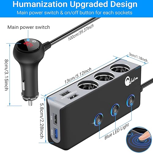 Miniatura 6 de Qidoe - Divisor de encendedor de cigarrillos de carga rápida 3.0, adaptador de encendedor de cigarrillos de 180 W con 4 USB de carga rápida, CC 12