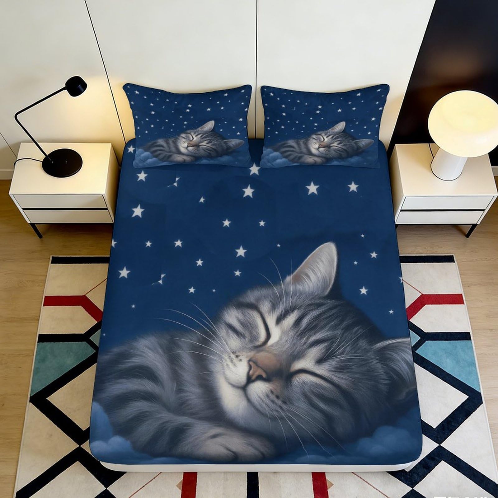 3D Printed Fitted Sheet Cat Pattern Bed Cover, Microfiber Soft Touch, Wrinkle Resistant, Home Decor, Guest Room Bedding, Easy to Remove, 110x200cm 90x200x25cm