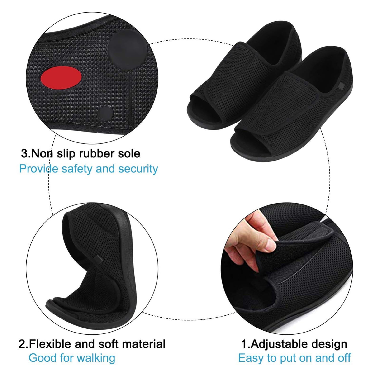 Zapatos para diabéticos para mujer, sandalias Edema, cómodas, ajustables, anchas, puntera abierta, zapatos de casa para ancianos para pies hinchados
