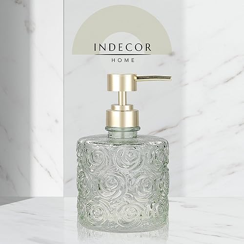 Miniatura 7 de Marcella - Dispensador de jabón de vidrio con bomba de jabón, capacidad recargable de 14 onzas, patrones de rosas de diseño floral, vidrio grueso