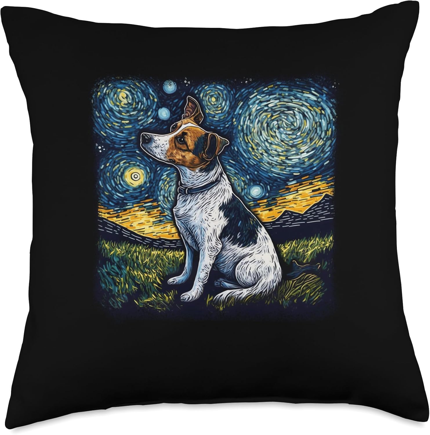 Dog in starry night van gogh Jack Russell Terrier Throw Pillow