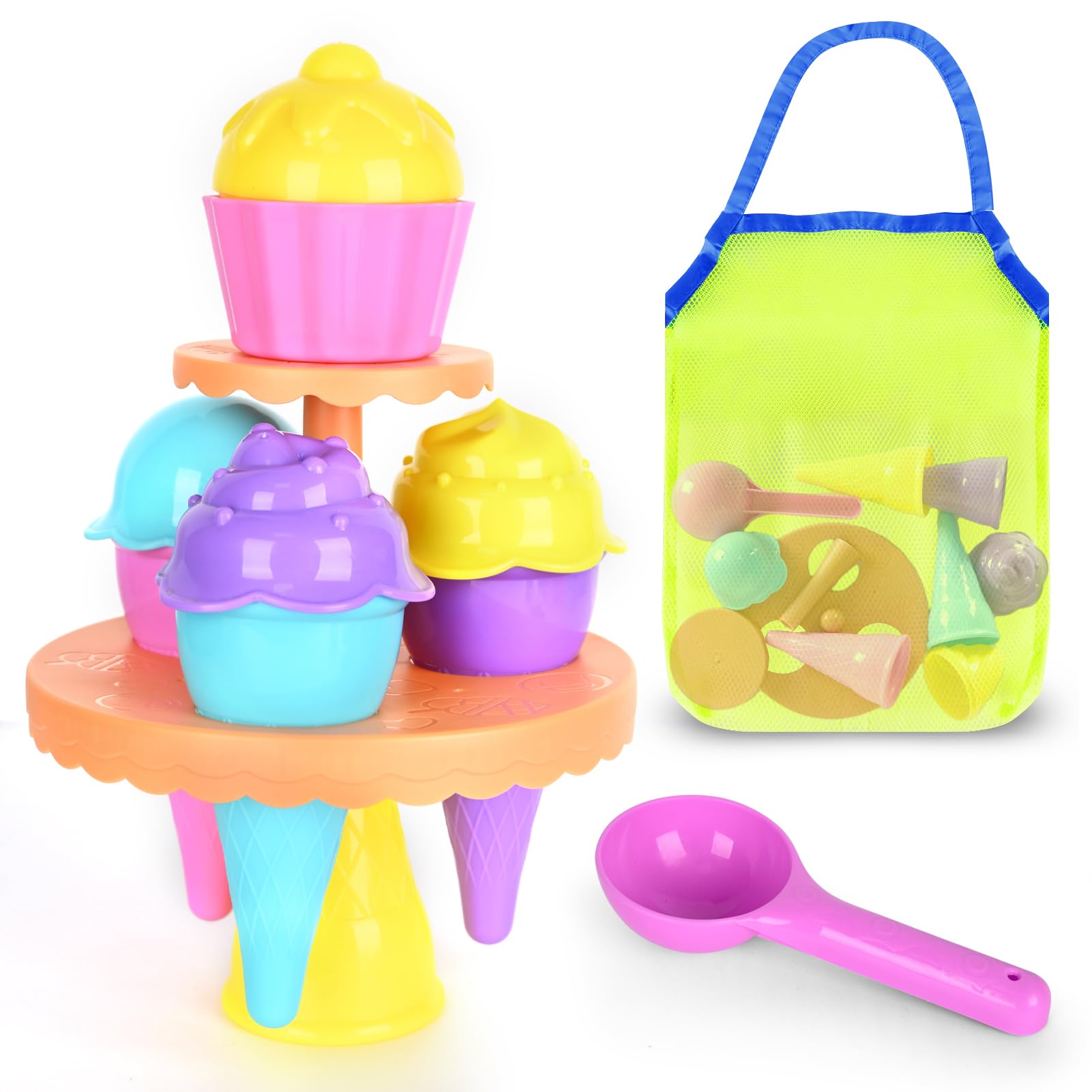 SupMLC Beach Toys Ice Cream Sand Toys - Toddlers Beach Essentials for Kids Girls Boys, Sand Molds, Shovels with Collapsible Mesh Bag, Travel Sand Box Toys for Beach, Party, Bath Toys Pretend Play