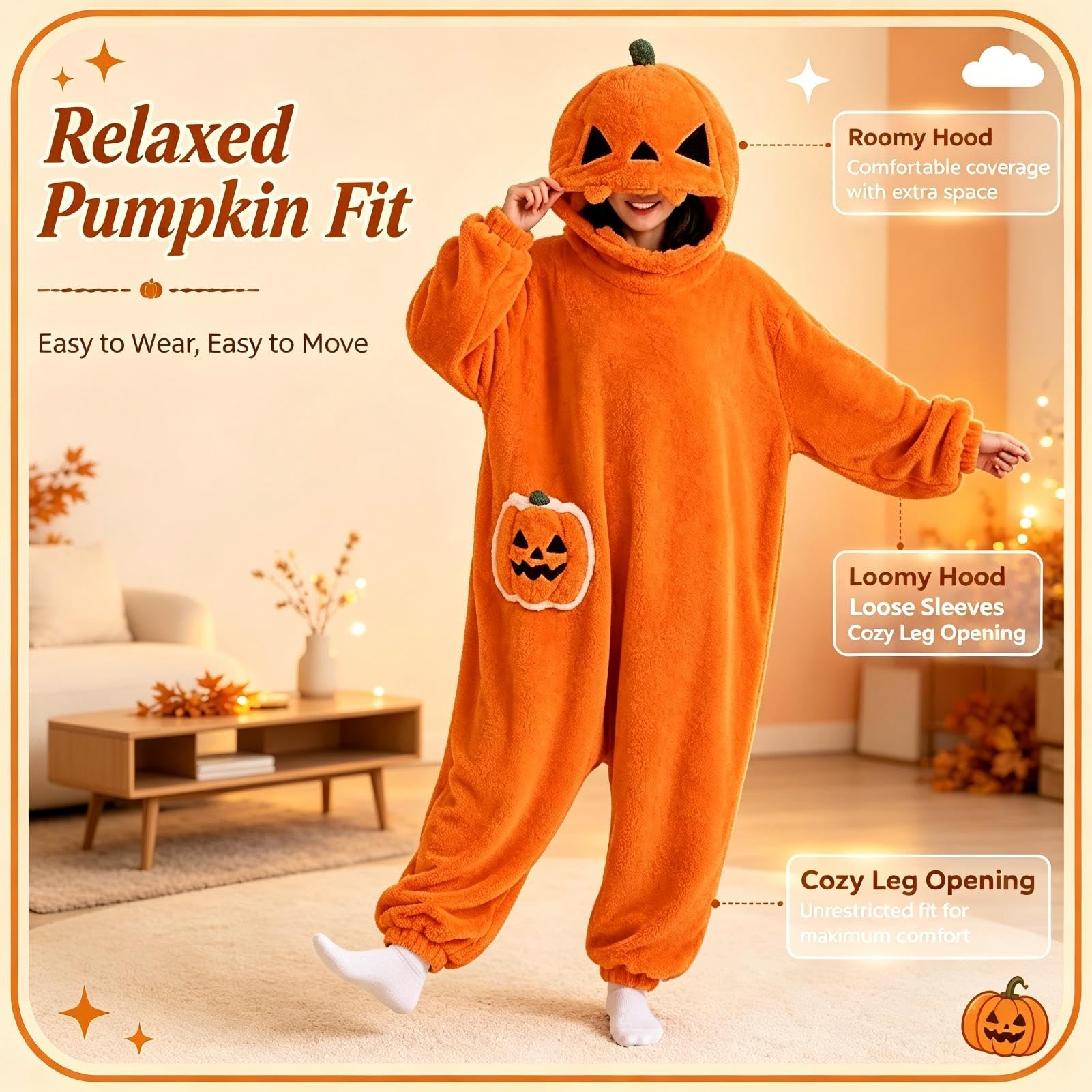 Generico Pigiama Intero Zucca Halloween in Peluche con Cappuccio Oversize | Goditi il ​​massimo comfort e uno stile festoso con questa tutina in peluche a forma di zucca, perfetta per Halloween