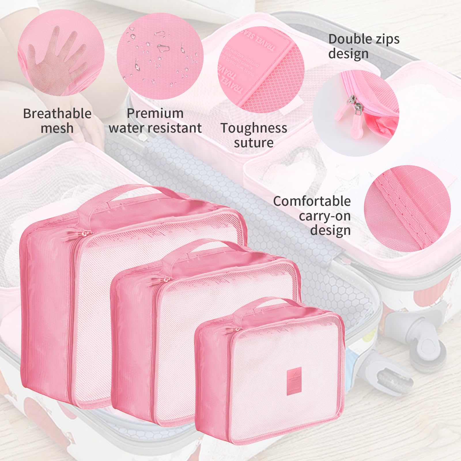 Cubi di imballaggio per Valigia - 9 PCS Cubi di Imballaggio da Viaggio Set di Borse Organizer per Valigie Leggere Organizzatori di Bagagli per Accessori da Viaggio con Borse per Scarpe - Rosa
