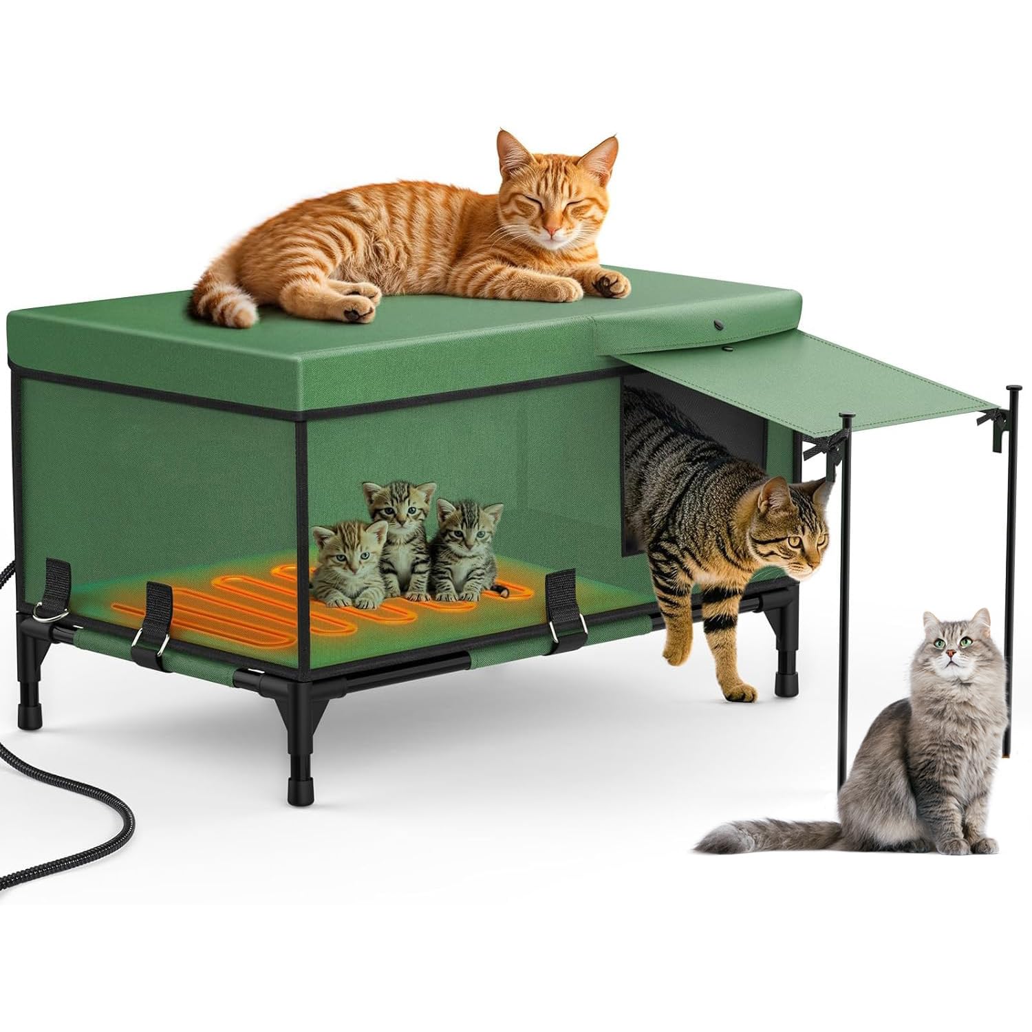 HYQNG Outdoor Heated Cat House, Insulated with Heating Pad, Waterproof & Weatherproof, Green, 66x43CM