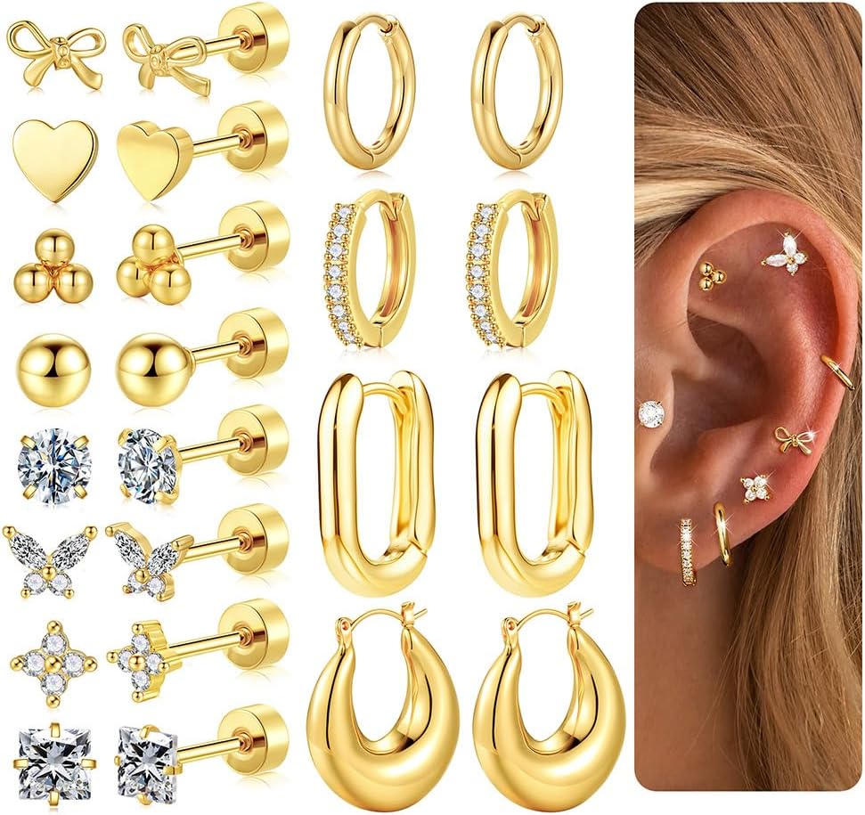 M MOOHAM Flat Back Stud Earrings for Women - 14K Gold Chunky Hoop Earrings Hypoallergenic Earring for Sensitive Ears Earring Set for Multiple Piercing Jewelry Gifts