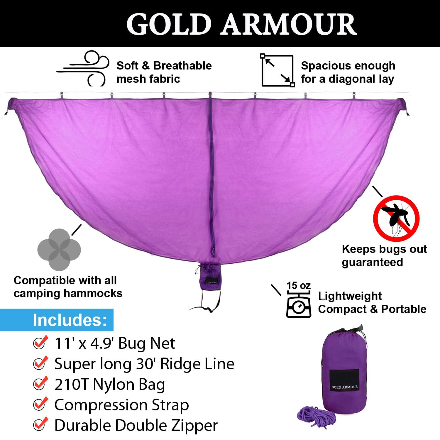 Gold Armour XL Double Camping Hammock With Bug Net - 2 Person Portable Hammock Set For Outdoor & Indoor Use