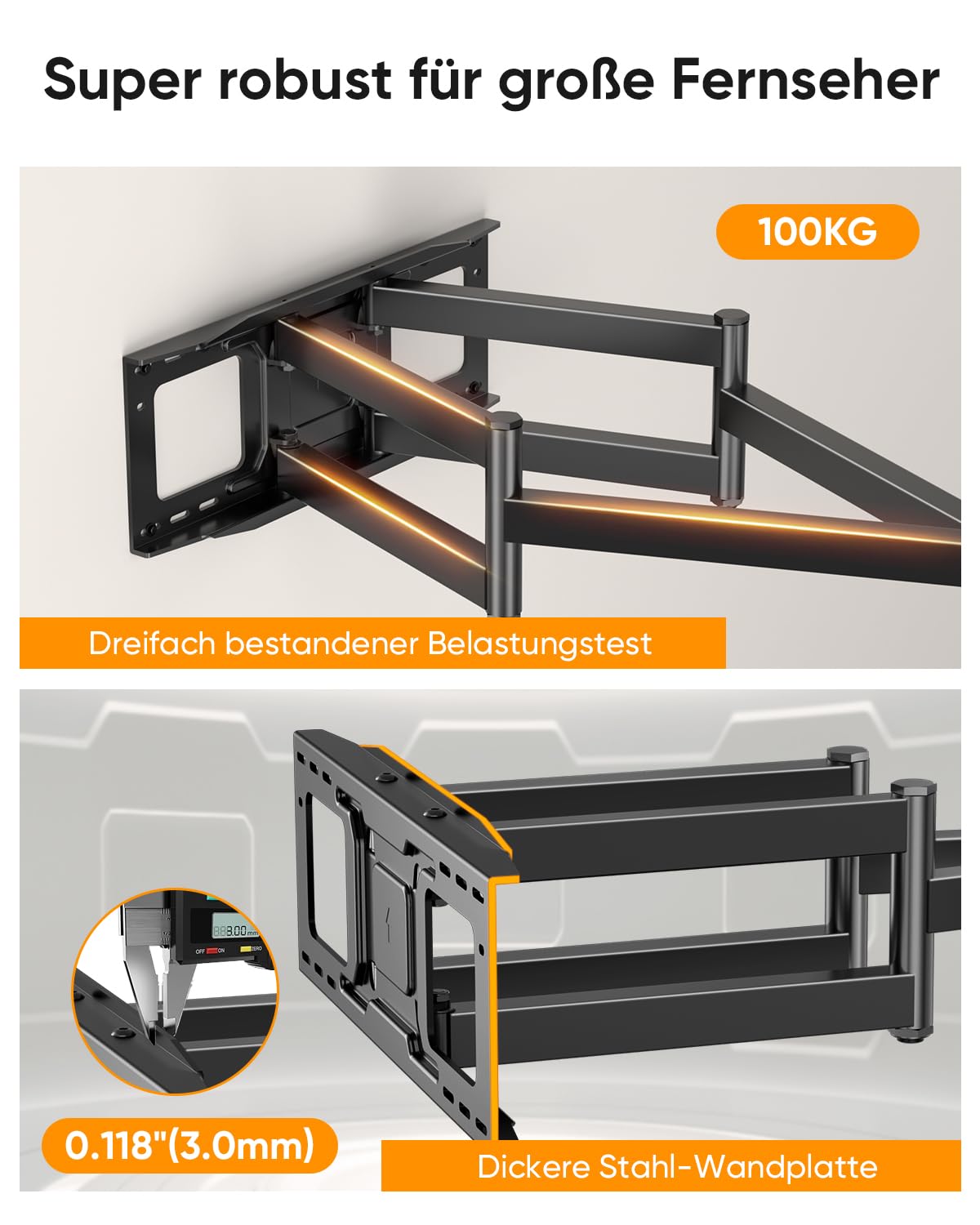 FORGING MOUNT TV Wandhalterung für 60–120 Zoll Fernseher bis zu 125 kg | Doppelarm mit 1090 mm Auszug, Schwenkbare Neigbare TV Halterung Vollbewegung, Max. VESA 900x600mm, für extra Starke XXL TV