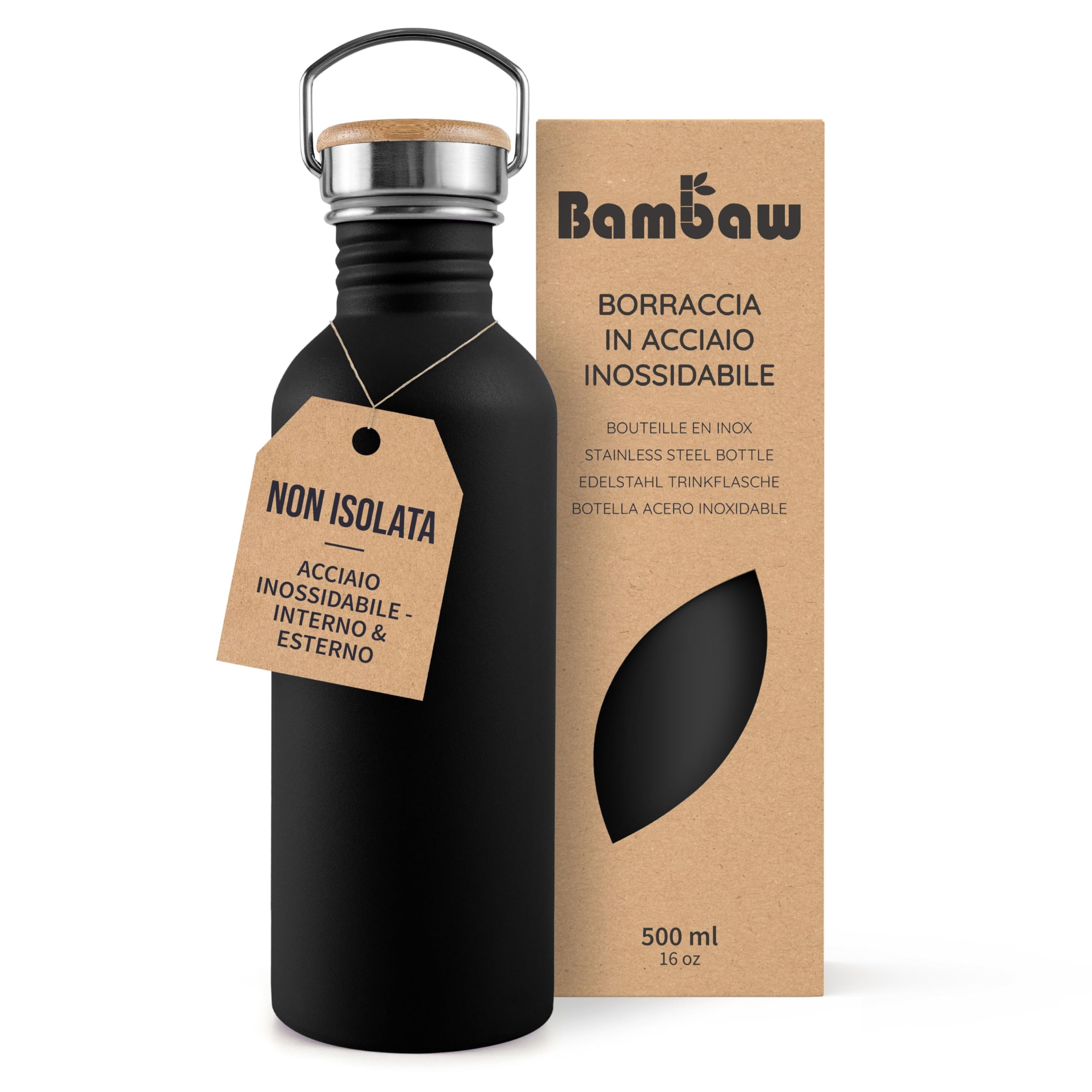 Bambaw Borraccia In Acciaio Inox 470 Ml, Nera, Lavabile In Lavastoviglie, Senza Cannuccia-image