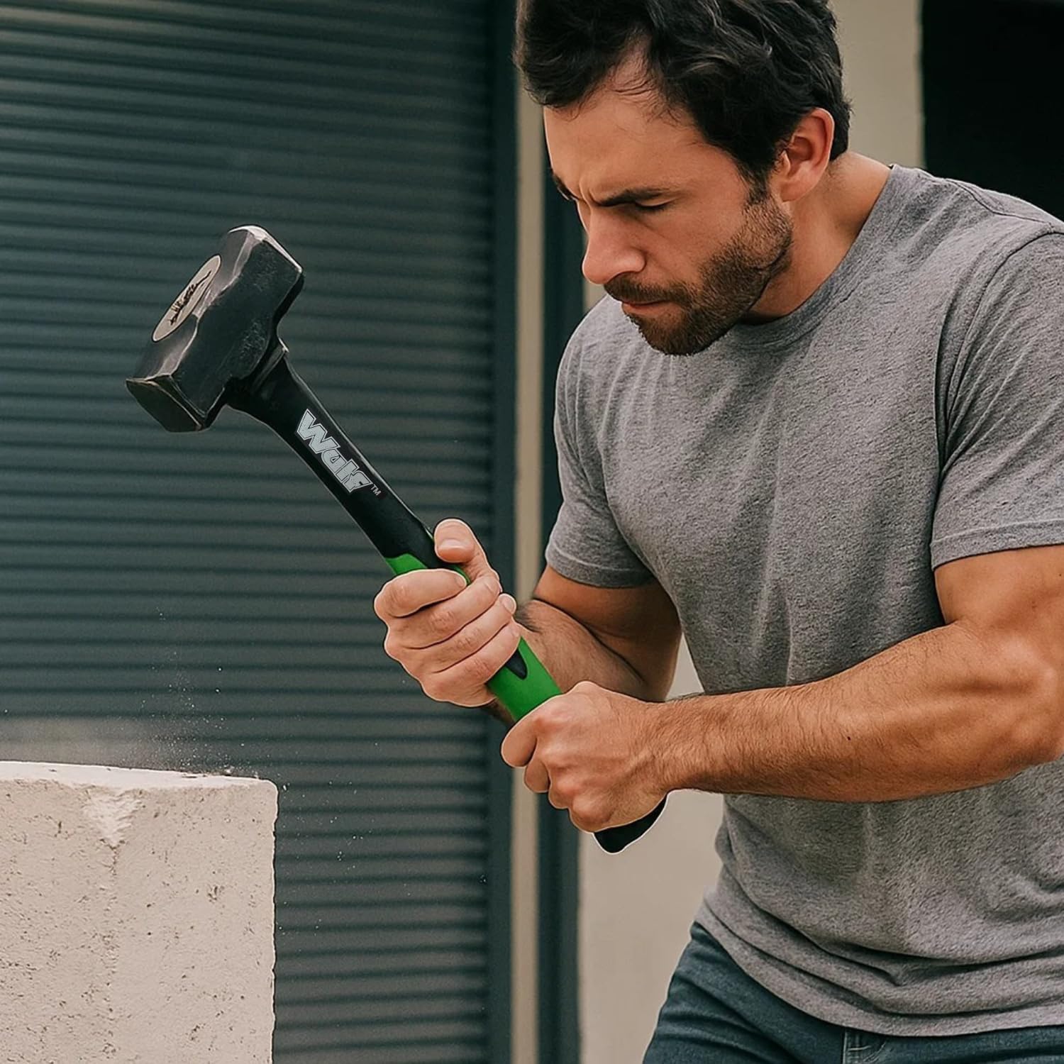 WULF 1400g (3LB) Heavy Duty Sledge Hammer | Forged Steel Head with Shockproof Fiberglass Handle | Anti-Slip Grip for Demolition, Construction & DIY (Black & Green)