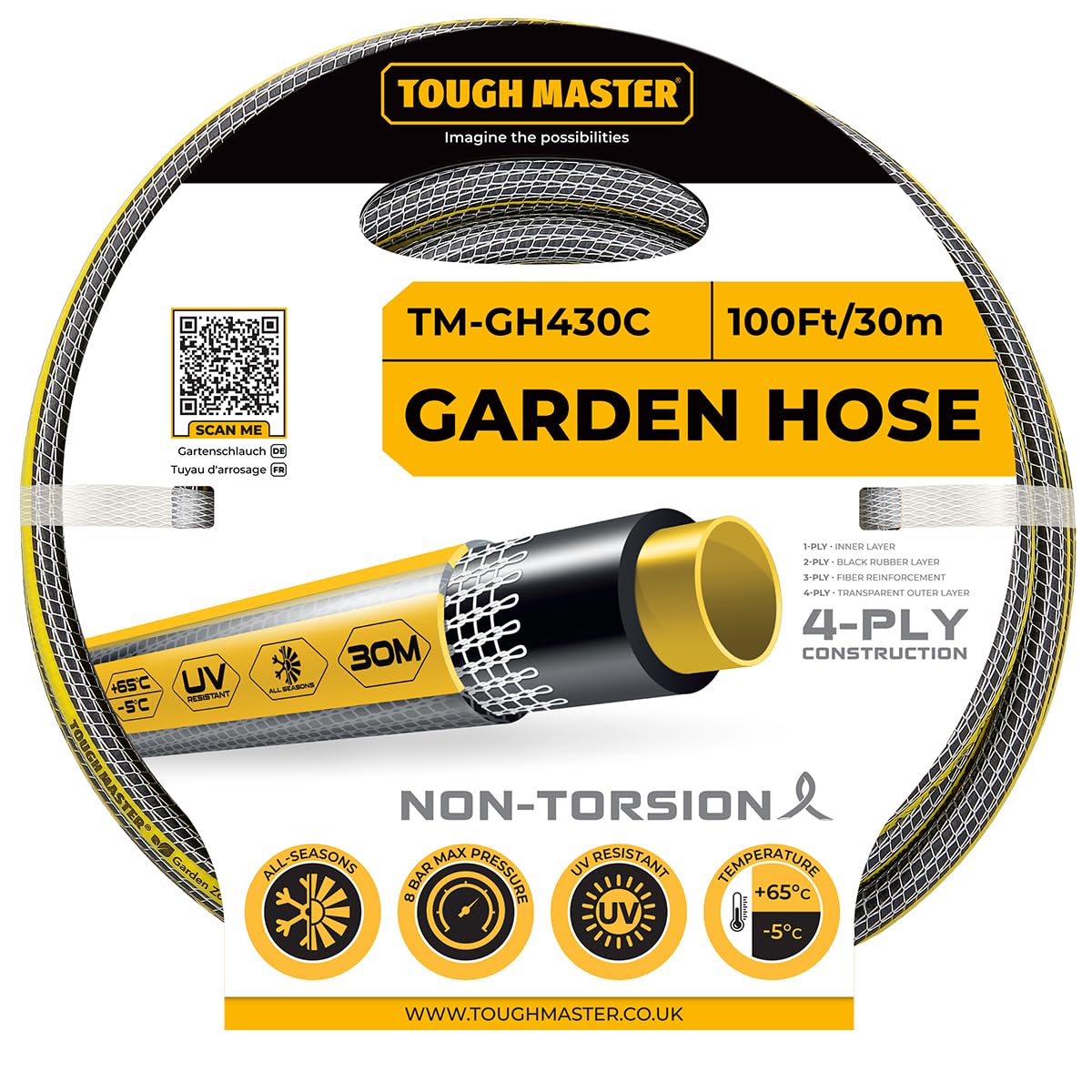 Garden Hose Pipe 4 PLY No-Kink Braided Hosepipe PVC Watering Reel 30m/100ft Reel