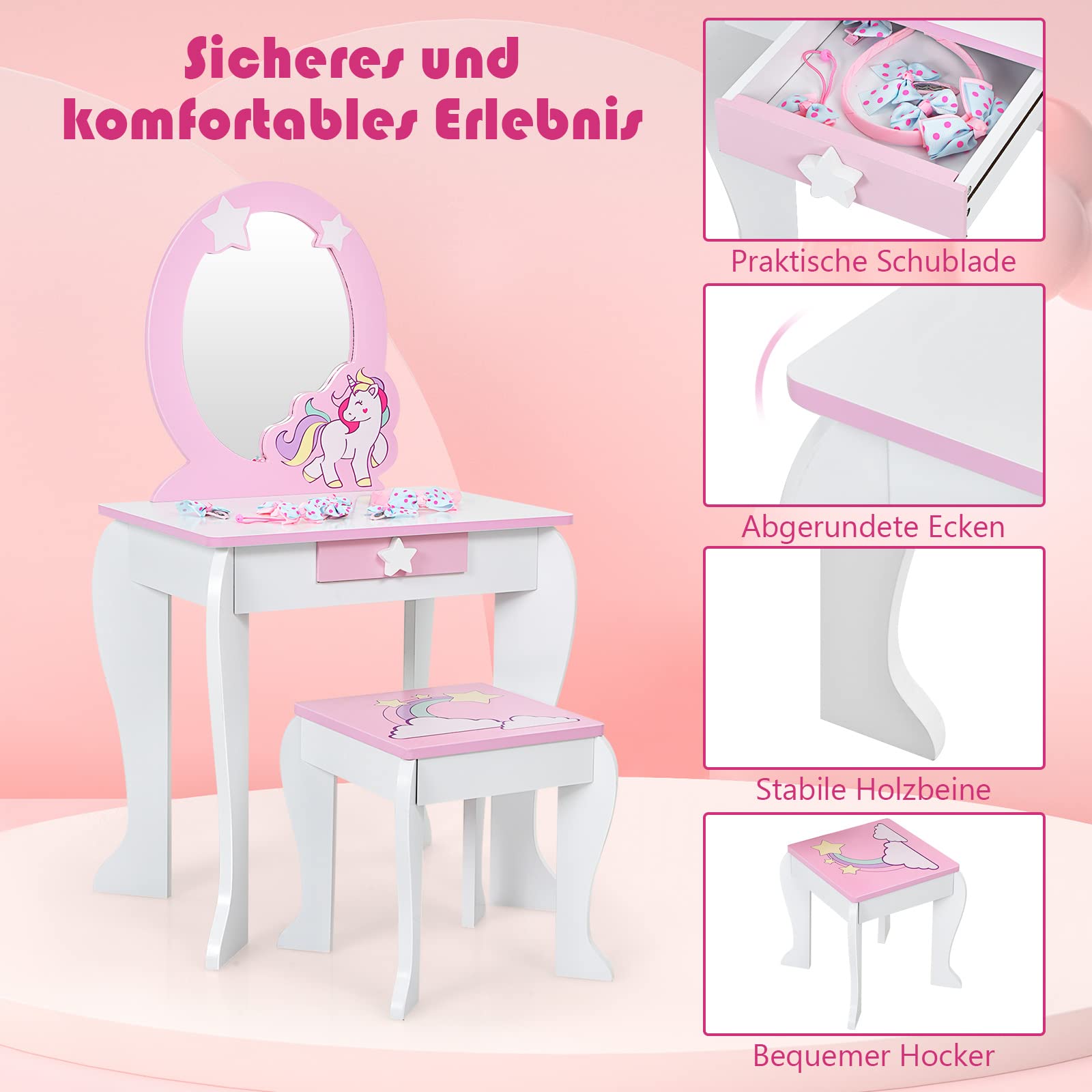 DREAMADE Kinder Schminktisch mit Hocker und Abnehmbarer Spiegel, Prinzessin Frisiertisch für Kinder, Frisierkommode mit Schublade, Kinderschminktisch für Mädchen (Weiß)