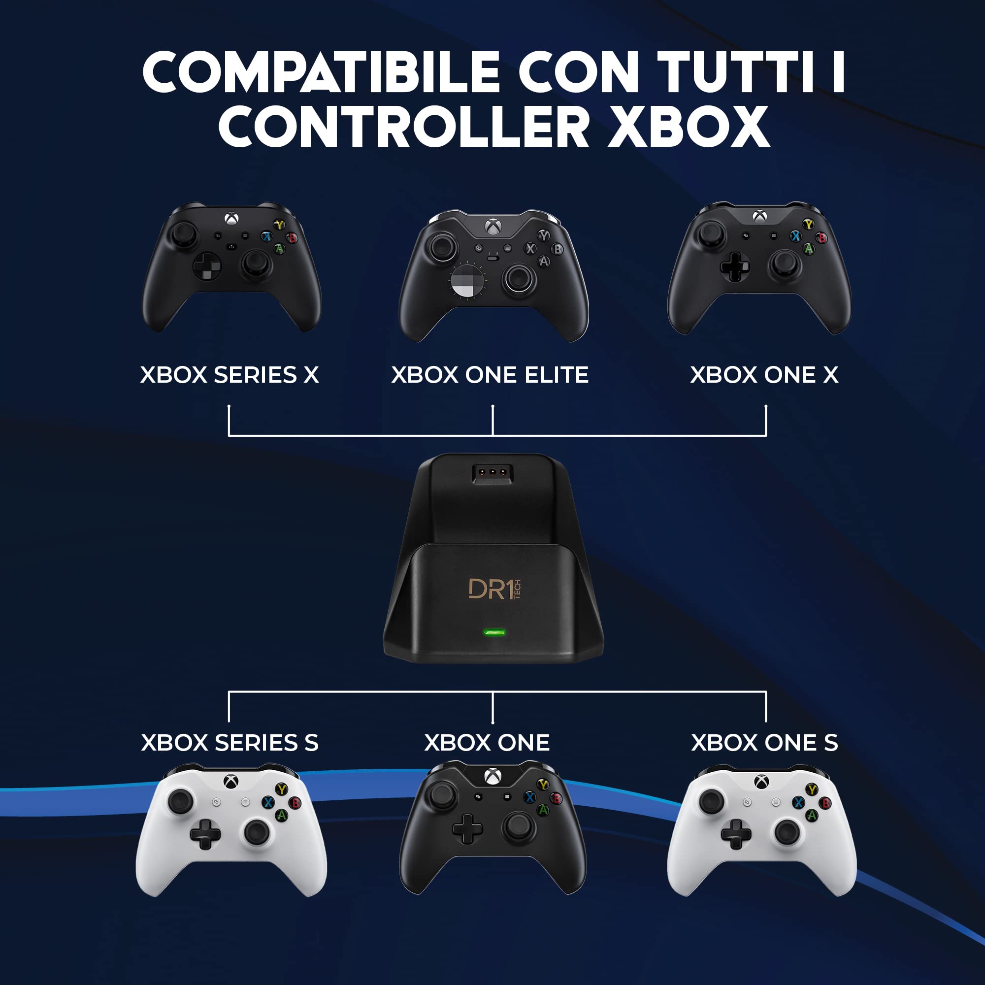 DR1TECH PowerSetX Stazione di Ricarica Rapida per Controller XBOX One X/S, Series X/S + Batteria 1200 mAh - Accessori per XBOX (Controller NON Incluso) [Amazon Exclusive]