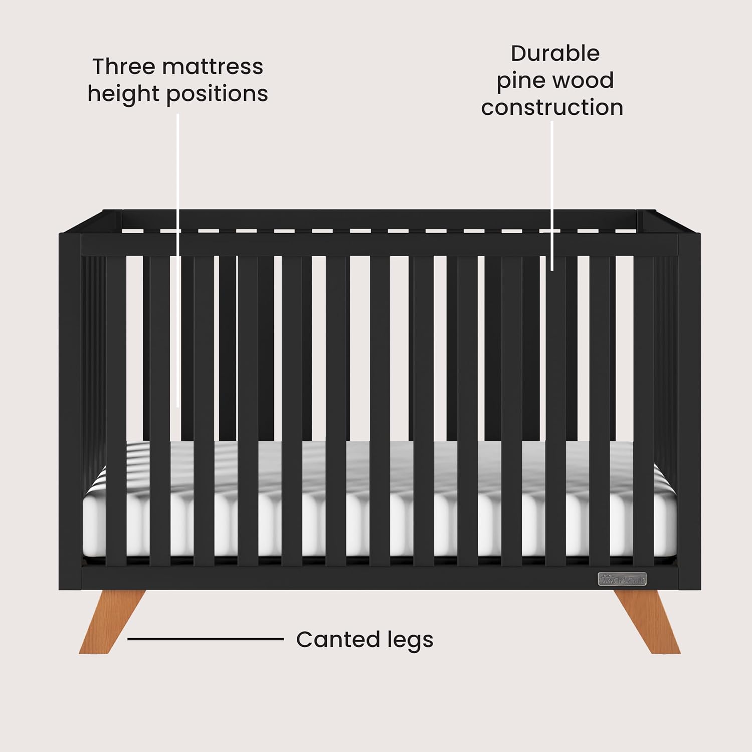 Child Craft SOHO 4-in-1 Crib and Dresser Nursery Set, 2-Piece, Includes 4-in-1 Convertible Crib and 3-Drawer Dresser (Ebony)