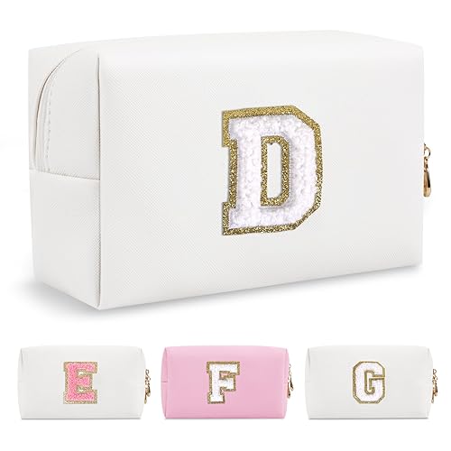 Miniatura 258 de Bolsa de maquillaje personalizada con inicial A-Z Preppy Patch, pequeña bolsa de cosméticos de PU con letra de chenilla y cierre para niñas Negro