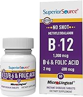 Vista 1 de Superior Source No Shot Vitamina B12 Metilcobalamina (1000 mcg), B6, ácido fólico, tabletas microlingües de disolución rápida, 60 unidades, aumenta