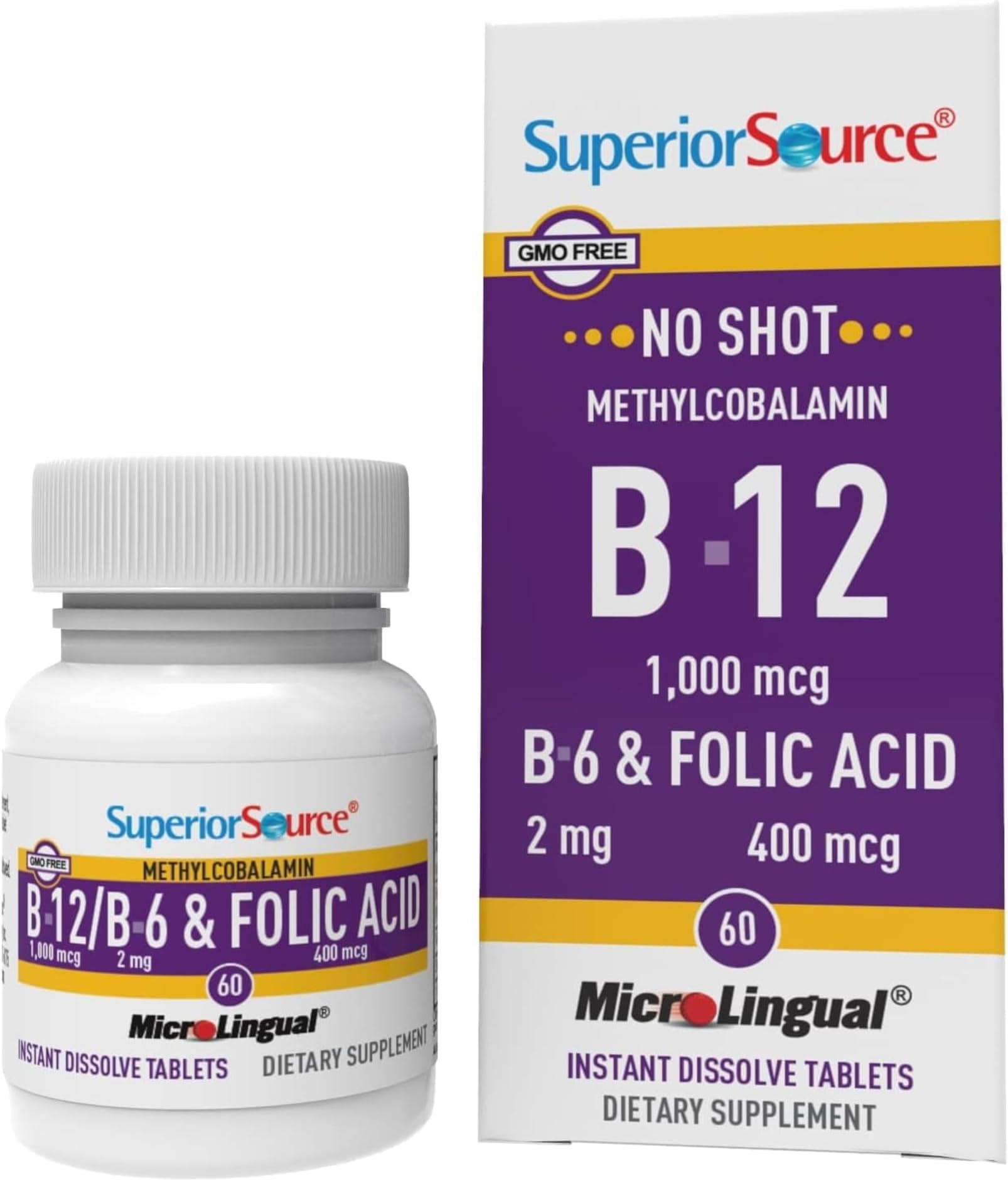 No Shot Vitamin B-12 Methylcobalamin 1000 mcg, B-6 & Folic Acid 400 mcg - Supports Brain & Heart Health - Aids Natural Energy Levels - 60 Sublingual Dissolving Tablets