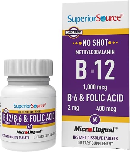 Superior Source No Shot Vitamina B12 Metilcobalamina (1000 mcg), B6, ácido fólico, tabletas microlingües de disolución rápida, 60 unidades, aumenta