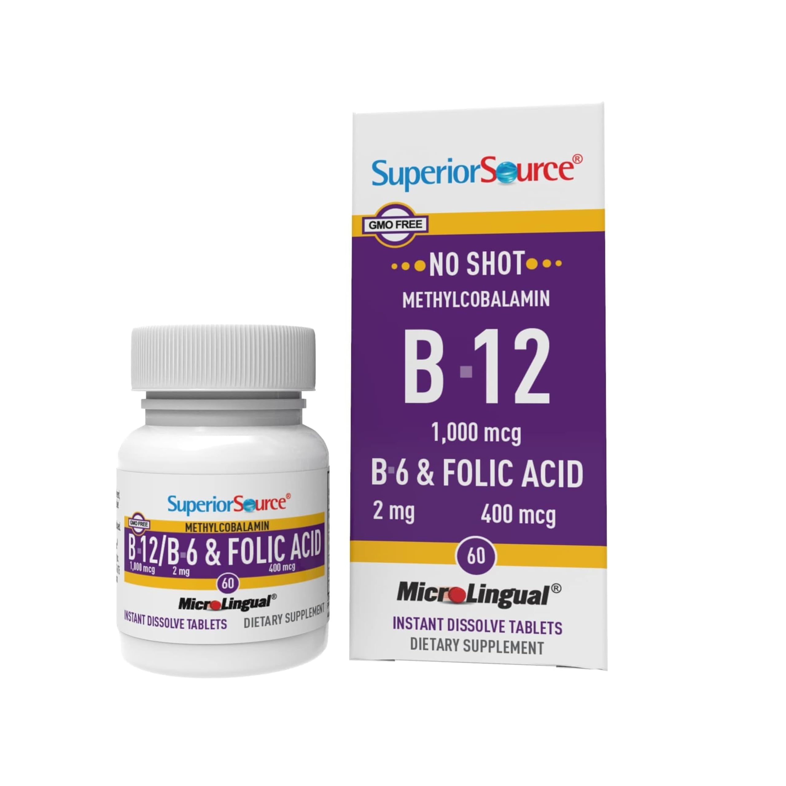 Superior Source No Shot Vitamin B-12 Methylcobalamin 1000 mcg, B-6 & Folic Acid 400 mcg - Supports Brain & Heart Health - 60 Sublingual Dissolving Tablets