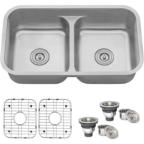 Ruvati 32-inch Low-Divide 50/50 Double Bowl Undermount 16 Gauge Stainless Steel Kitchen Sink – RVM4350