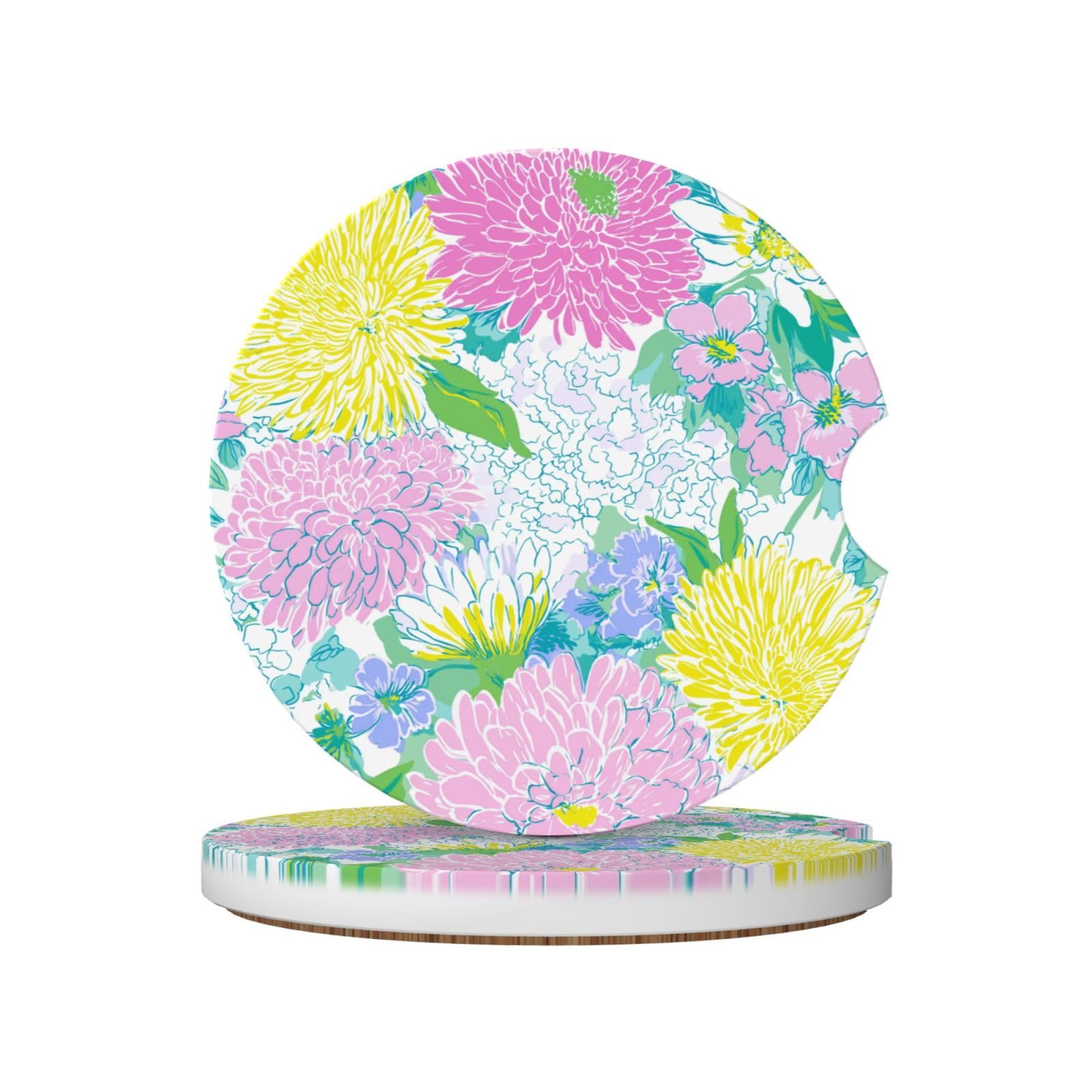Whimsical Flowers Pink Yellow White Daisies Ceramic Coasters,2pcs