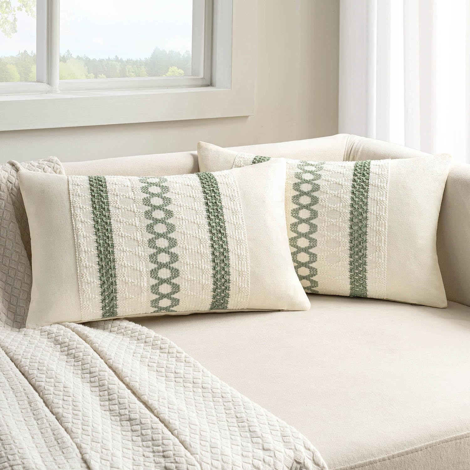 MIULEE Set of 2 Sage Green Boho Decorative Lumbar Pillow Covers 12x24 Inch