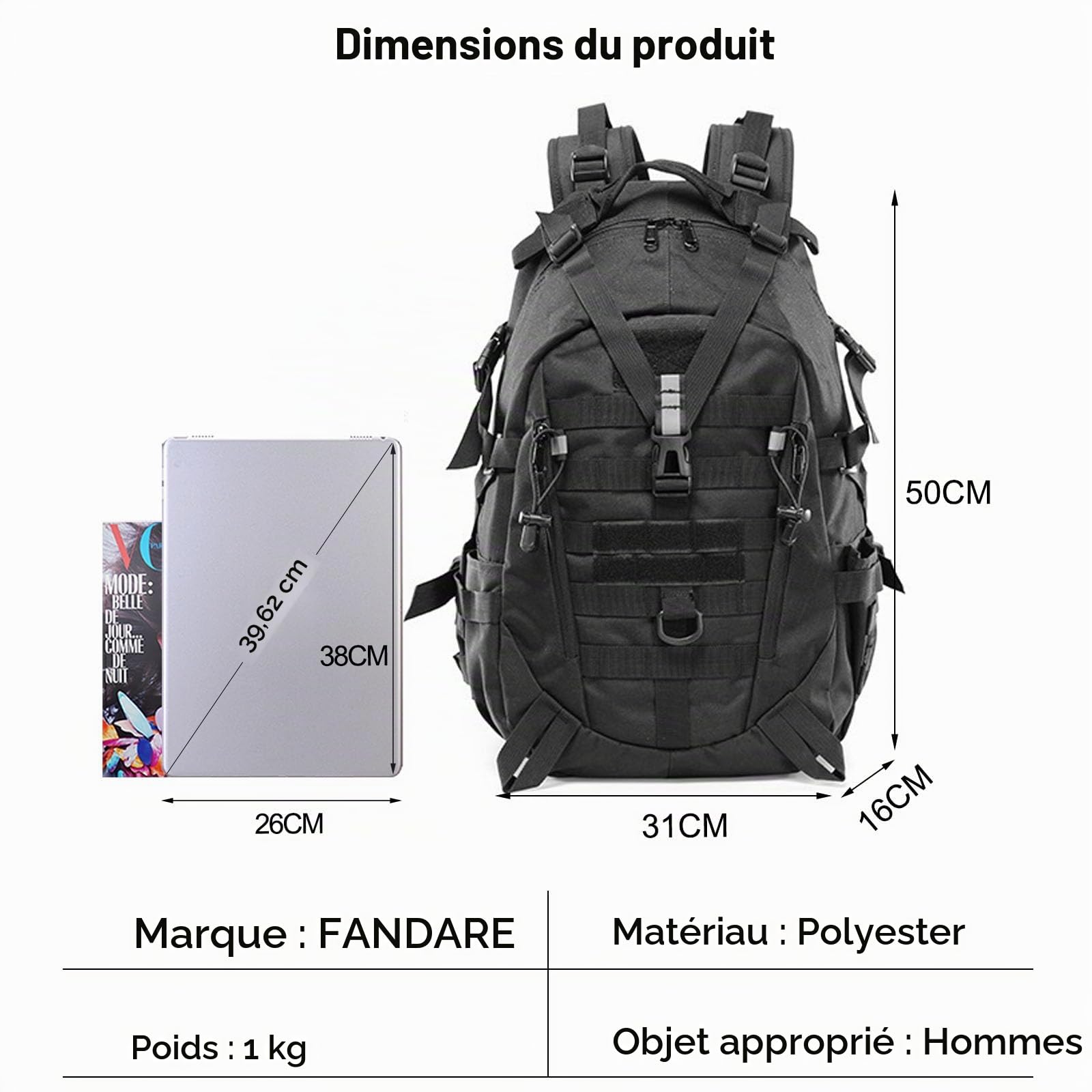FANDARE Sac à Dos Randonnée Tactique Militaire 25L Sacs à Dos Tactiques Militaires pour Hommes Sac de Jour Molle Sac à Dos de Fitness Sac à Dos de randonnée pour Trekking Randonnée