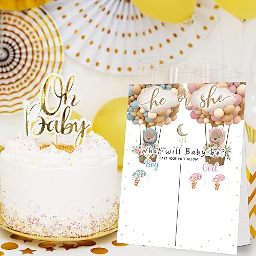 Miniatura 5 de Suministros para fiesta de revelación de género para bebé, juegos de revelación de género, tablero de votación con soporte, 48 calcomanías de oso