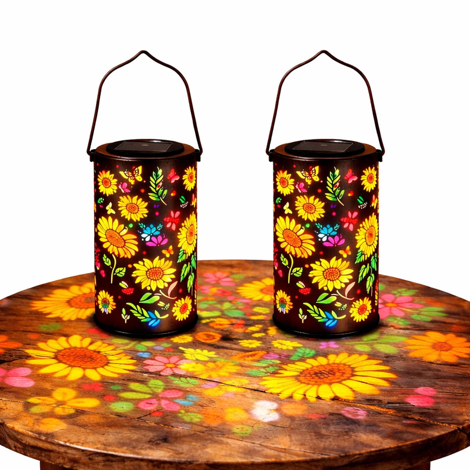 Linterna solar de jardín con brillo de girasol colorido, linterna solar colgante impermeable al aire libre, luz solar de girasol de metal para decoración de patio, camino, porche (2pcs)