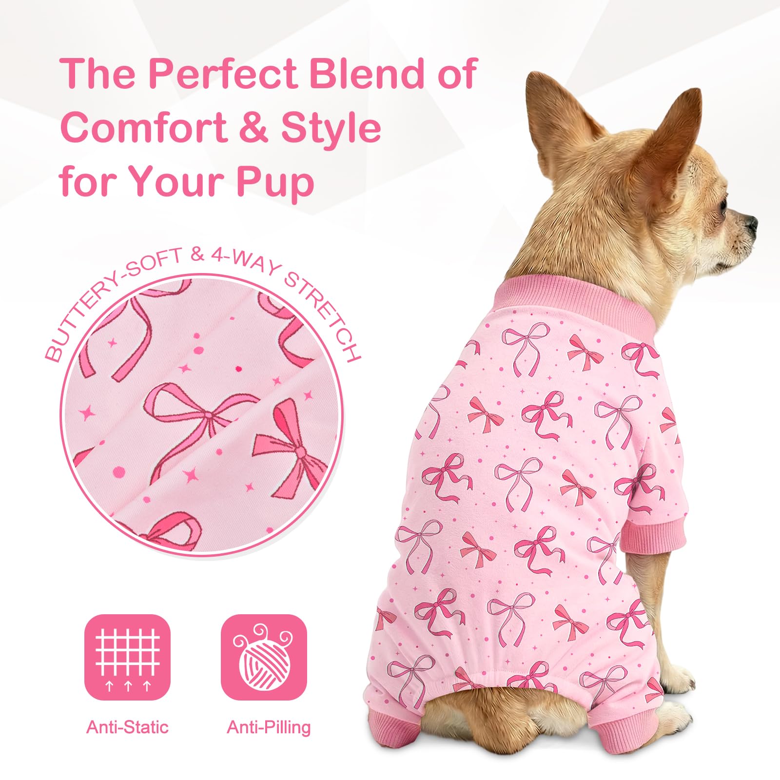Dog Pajamas for Small Medium Dogs Recovery Suit Dog Pjs Dog Onesie Cute Soft Breathable Puppy Pajamas Pet Spring Summer Stretchy Pjs for Boy Girl - Pink Bows — view 3