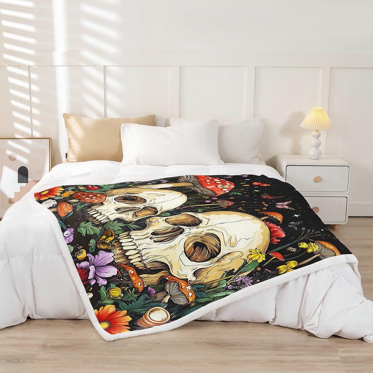 Erosebridal Gothic Skull Sherpa Blanket Red Mushroom Fleece Blankets Boho Botanical Starry Sky Throw Blanket 40"X50" for Kids Boys Girls Bed Sofa,Plant Flowers Butterfly Flannel Blankets