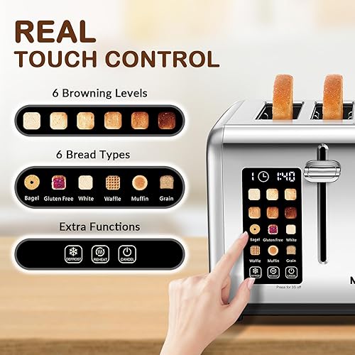 Miniatura 2 de Mecity Tostadora de 4 rebanadas con control de pantalla táctil, 4 ranuras anchas, tostadora de pan inteligente de acero inoxidable para bagels,