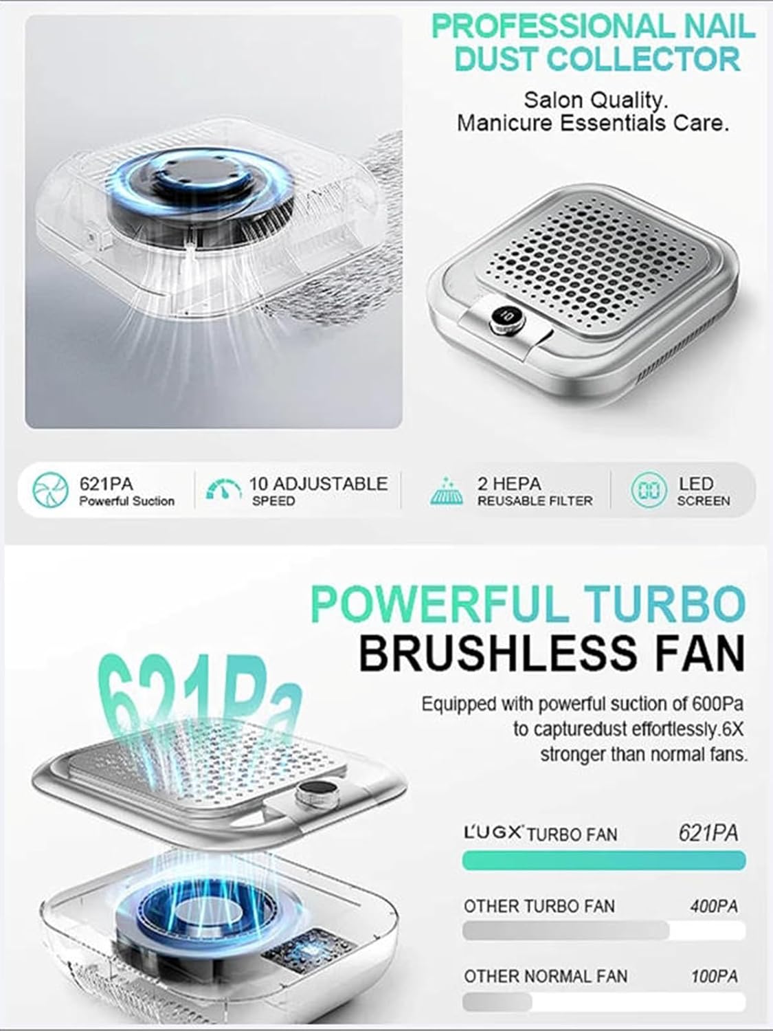 Professional Nail Dust Collector, 10-Gear Powerful Vacuum Fan Vent Dust Collector Extractor Dust Suction Machine for Acrylic Nails Polishing, Nail Salon&Home,Silver