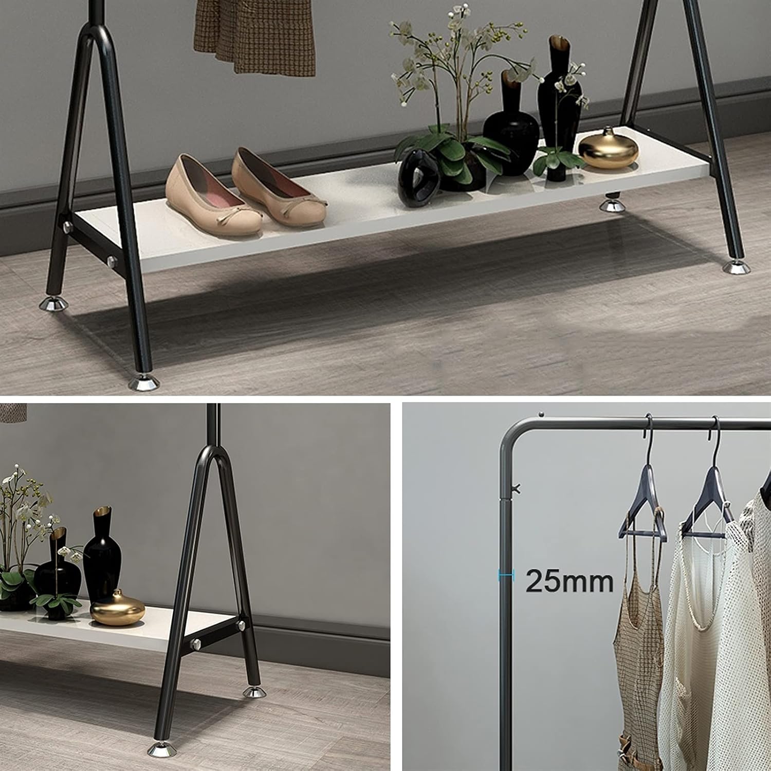 Metal Clothes Rails with White Storage Shelf, Modern Clothes Rack Garment Display Stand with Adjustable Feet (Gold-150cm image 5