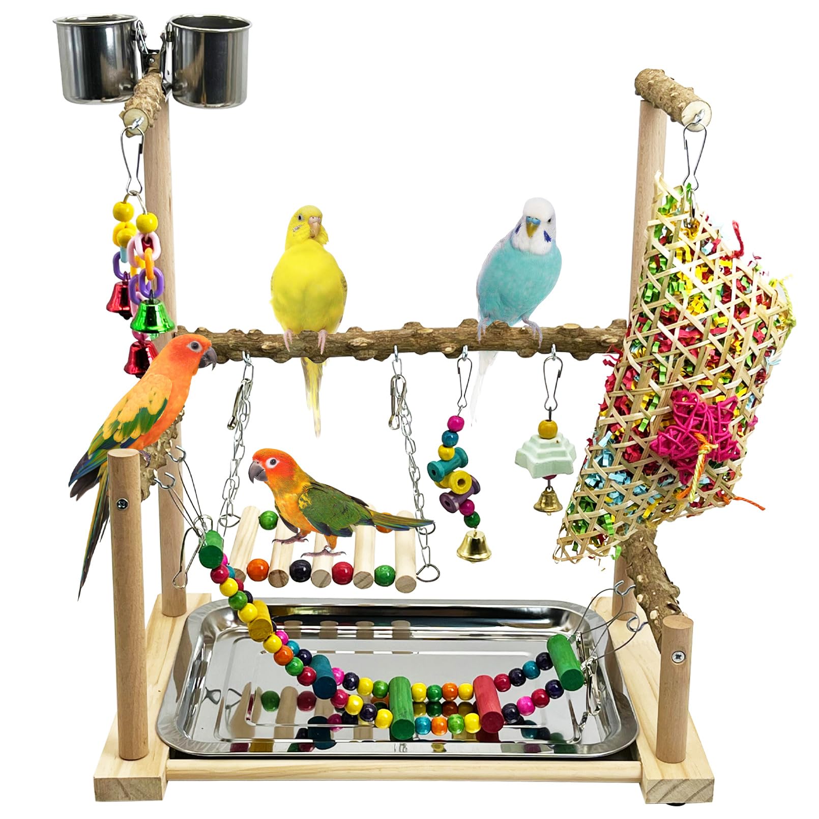 kathson Parrot Play Stand Parakeet Playground Bird Jungle Gym Wood Conure Playstand Hanging Chewing Toys with Feeder Cups and Swings Bird Cage