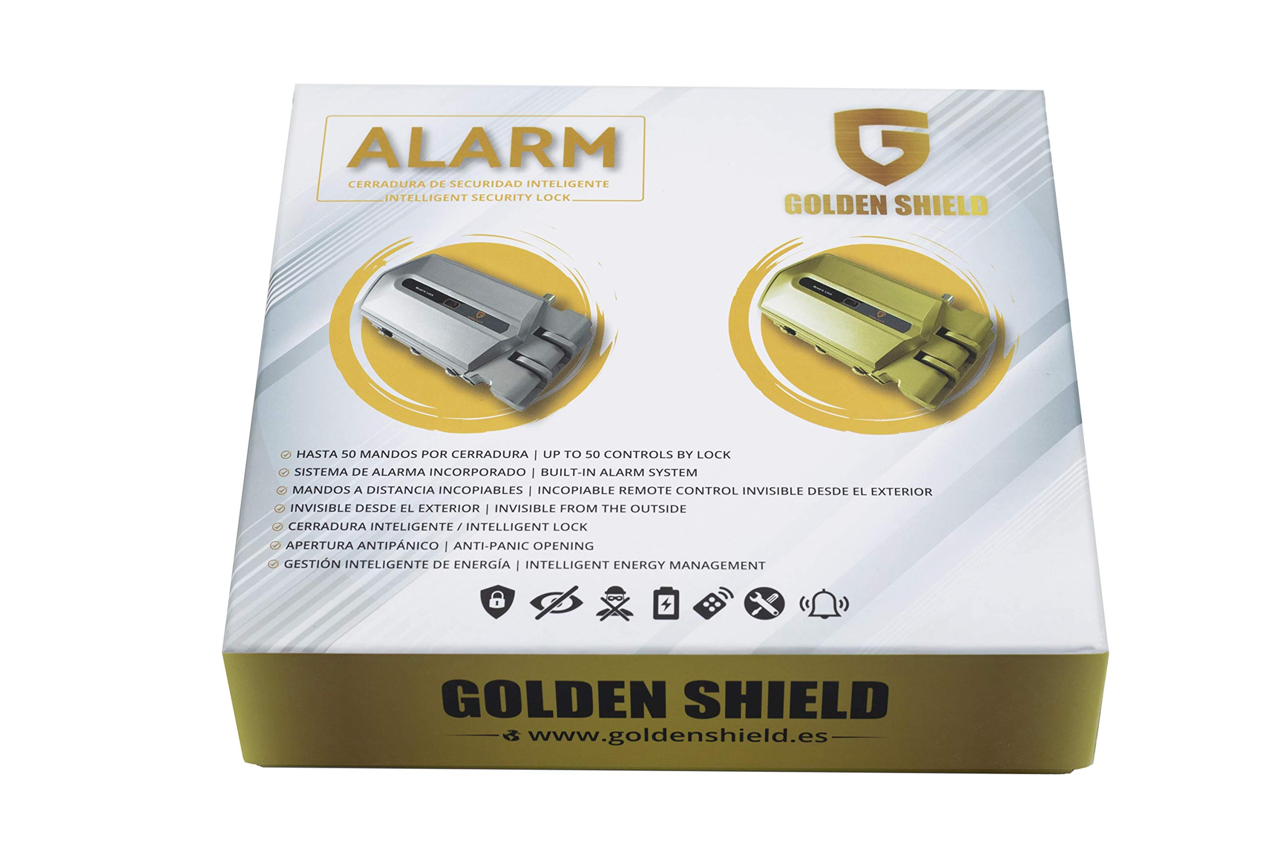 Golden Shield Alarm - Cerradura inteligente invisible con Alarma 95db y 4 mandos incopiables, ideal para todo tipo de puertas de viviendas, trasteros, etc...