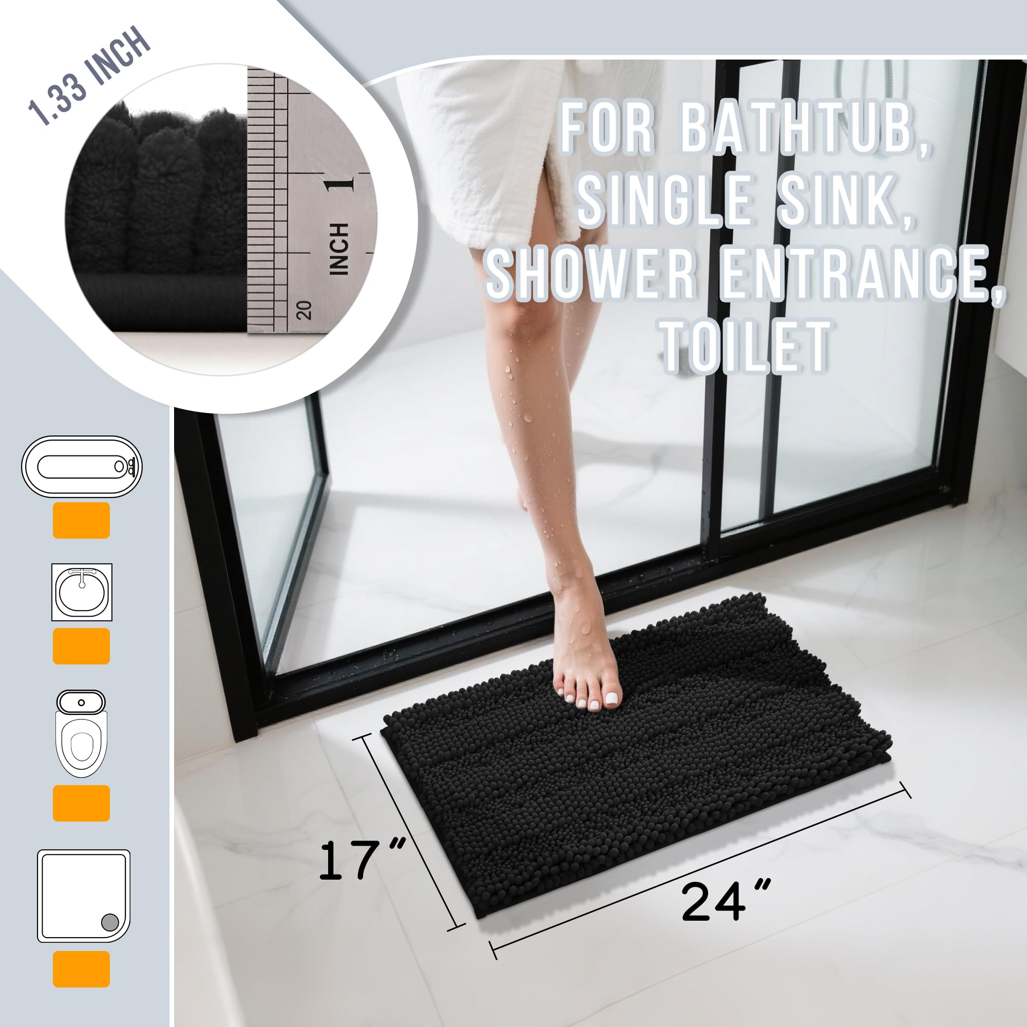 Yimobra Alfombra De Baño De 47 X 24 Pulgadas, Antideslizante Y Súper Absorbente, Lavable A Máquina, De Secado Rápido, Alfombra De Ducha De Felpilla Ultra Afelpada Para Baño, Fregadero, Bañera Y