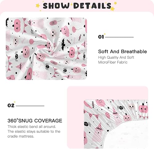 Miniatura 5 de Aslsiy Sábana bajera ajustable para cuna de Halloween con diseño de calabaza rosa para bebé, lindos fantasmas, para guardería, para niños y niñas,