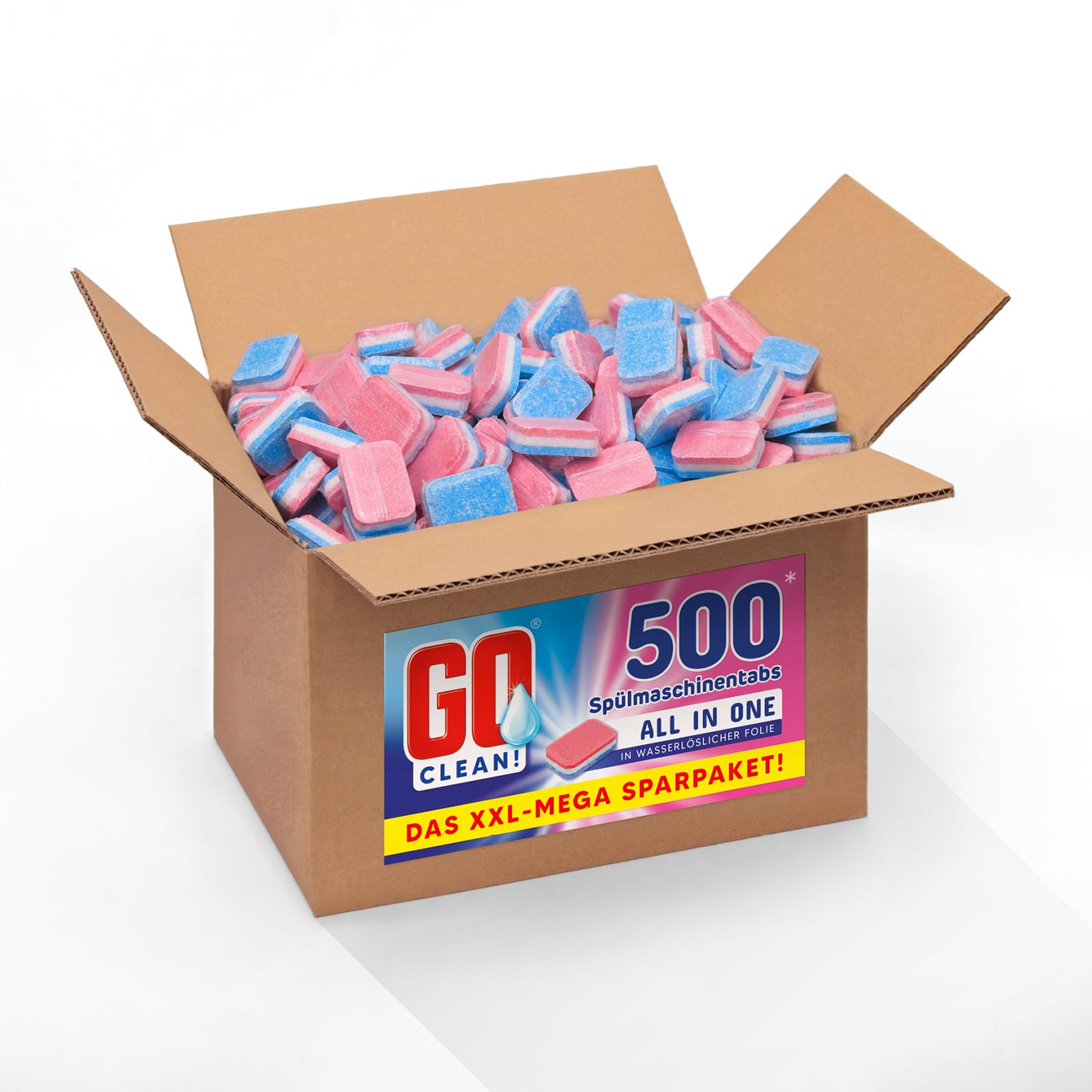 GO clean! Spülmaschinentabs All in One – 10 kg ca. 500 Stück 20g, XXL-Sparpaket in wasserlöslicher Folie mit starker Reinigungskraft gegen Schmutz und Fett