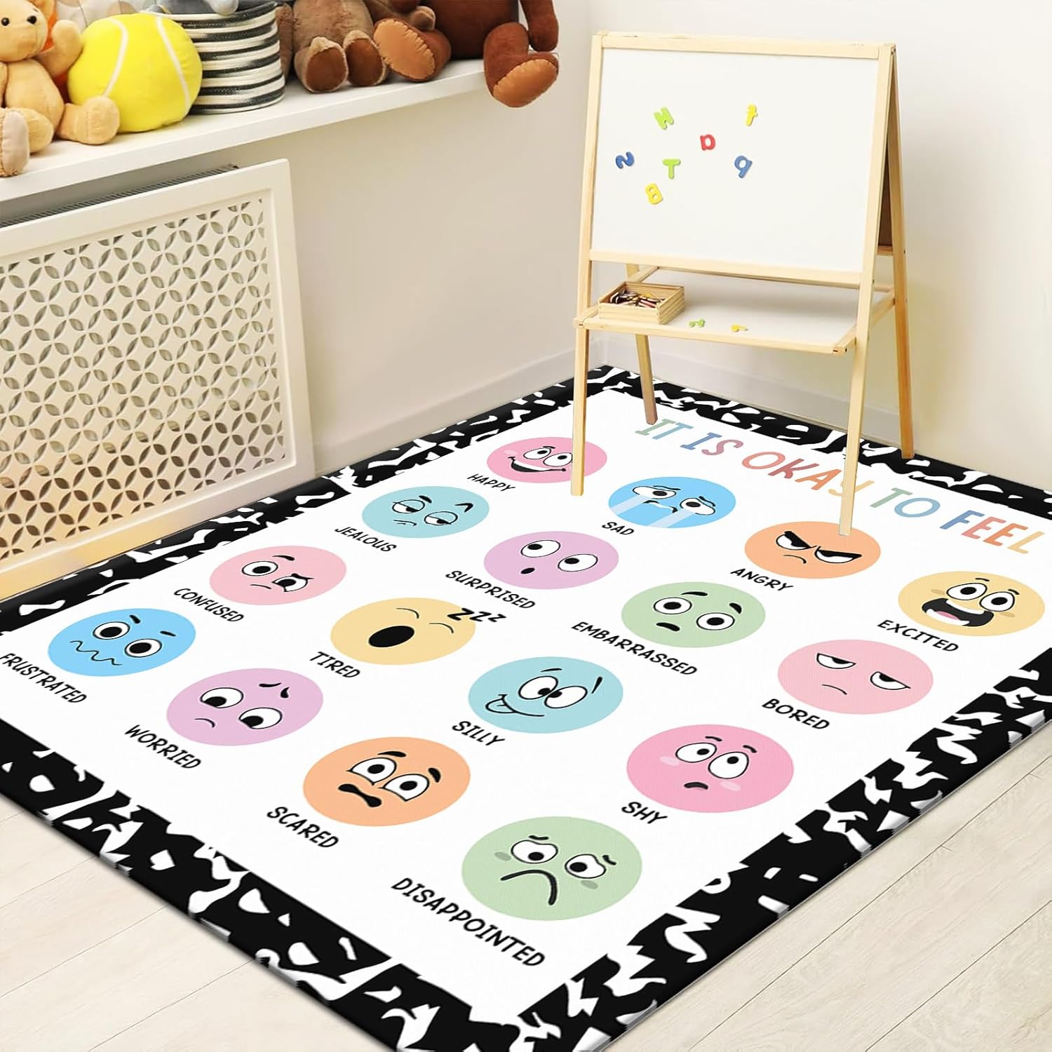 JarThenaAMCS Back to School Area Rug 40 x 47 Inch Large Floor Mat Colorful Emotion Learning Non-Slip Carpet for Home Nursery Classroom Playroom Decor