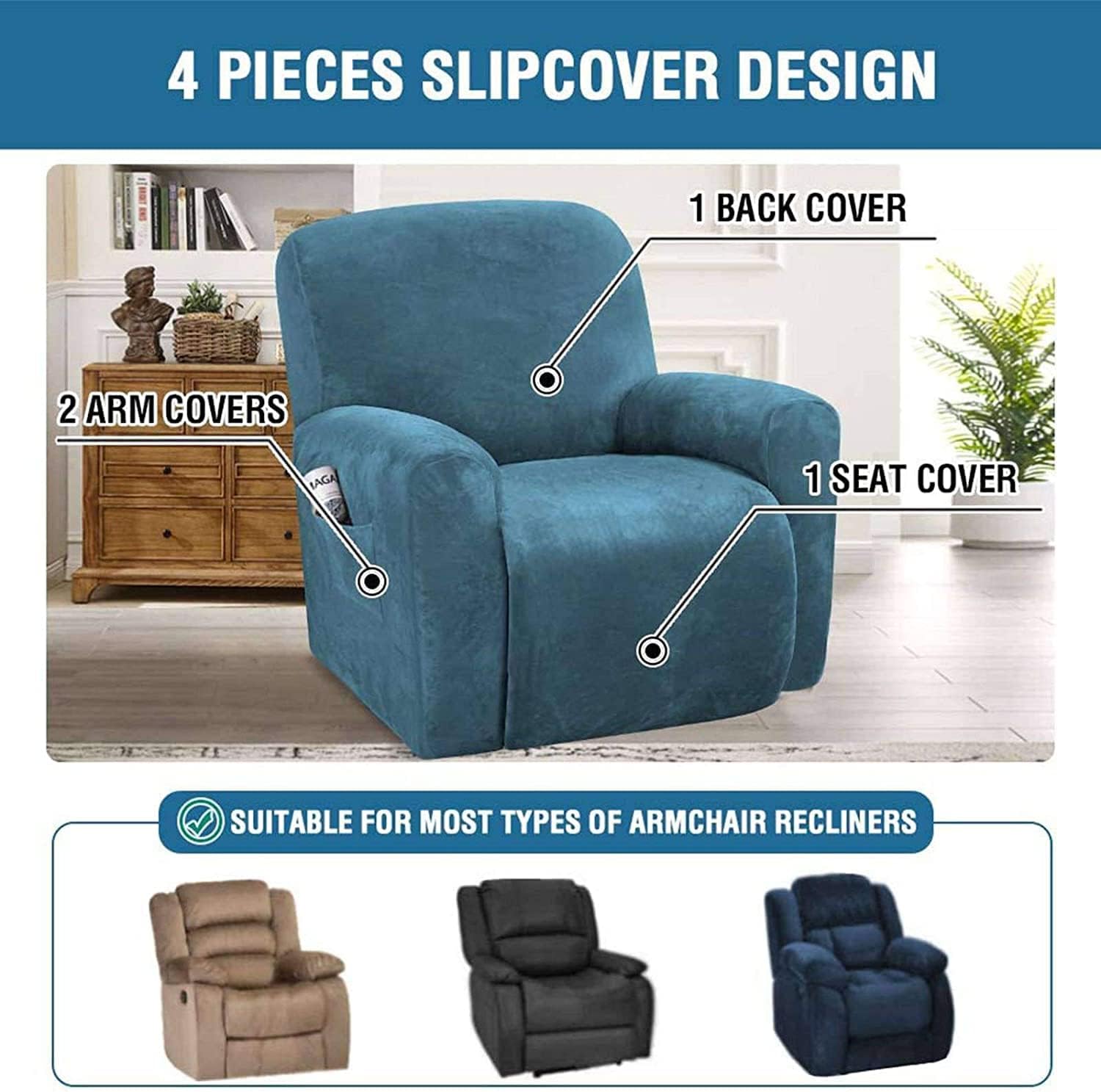 Stretch Velvet 1 2 3 Seat Recliner Sofa Cover Pet Dog Kid Solid Color Sofa Covers Relax Lounger Slipcovers Couch Towel Armchair Covers (Color : H, Size : 1Seater 4-Piece)