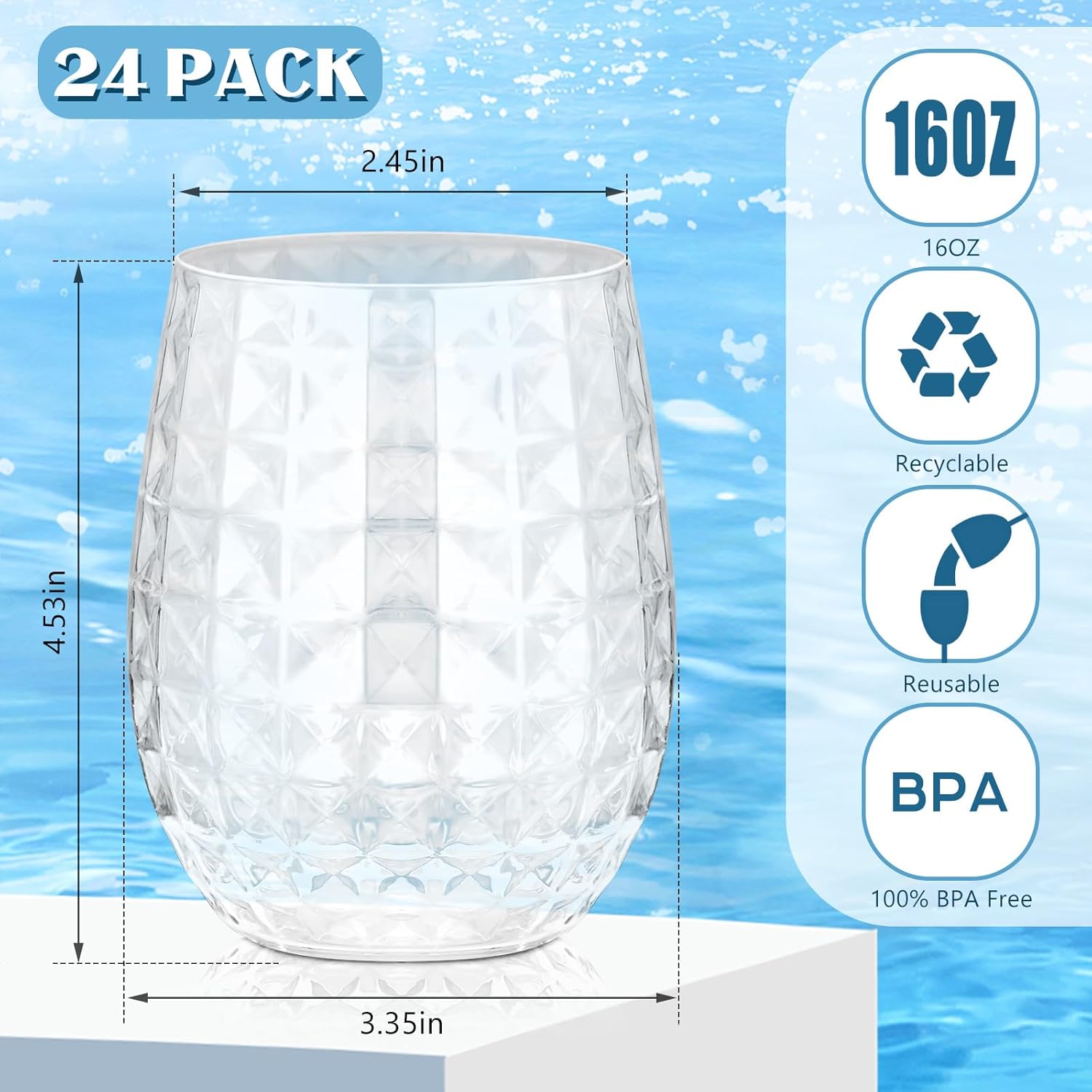 Ctosree 24 Set Tiki Pineapple Glasses 16 oz Plastic Cocktail Wine Glasses Hawaiian Tiki Cups Clear Stemless Reusable Pina Colada Cups Shatterproof Unbreakable Whiskey Mug for Tropical Bar Summer Party