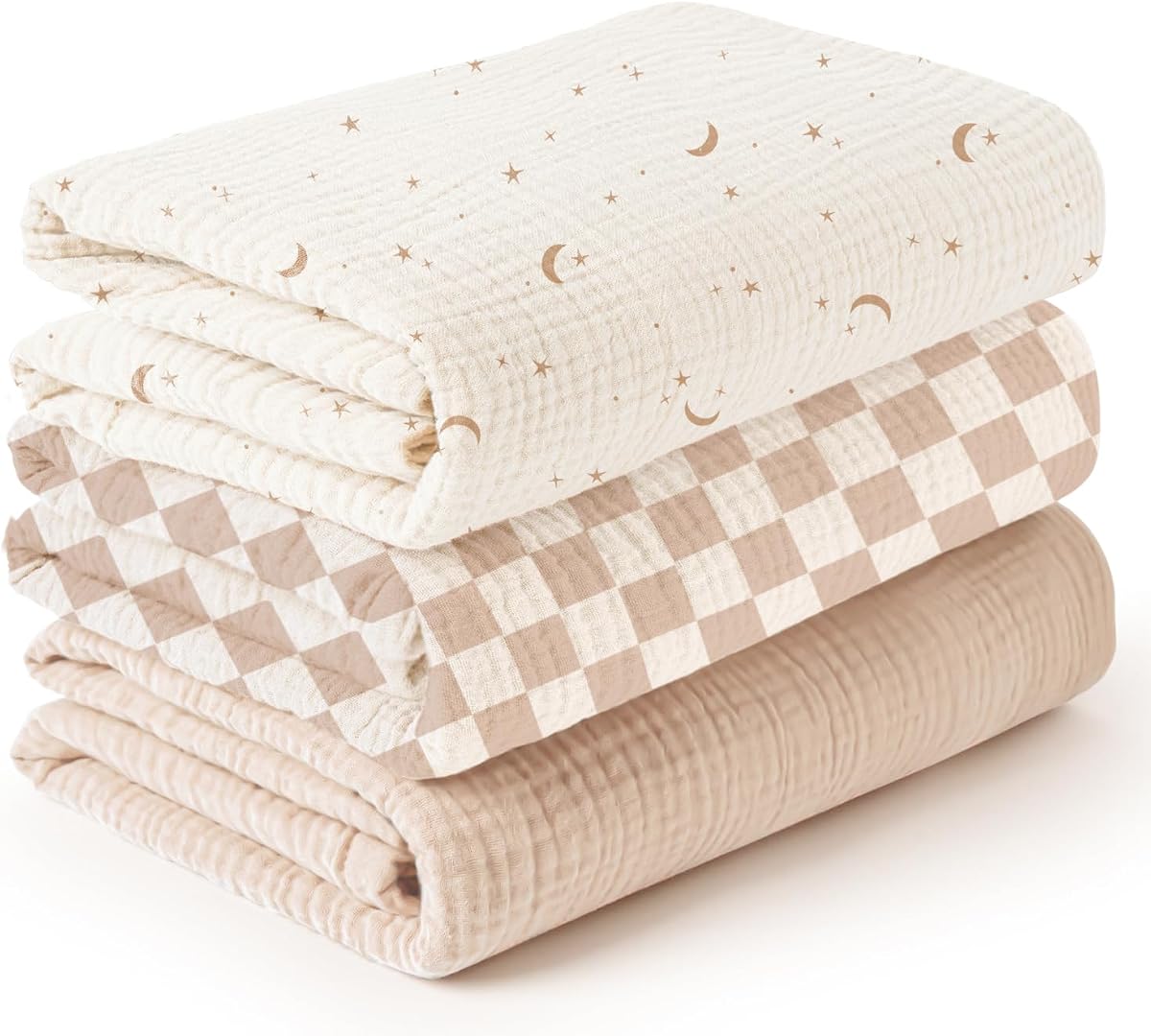 Konssy 3-Pack Muslin Baby Swaddle Blankets, 47 x 47 in Receiving Blankets | Large Size, 100% Cotton, Ultra Soft & Breathable, Multi-Use Swaddles for Boys & Girls, from Newborn to Toddler (Moon)