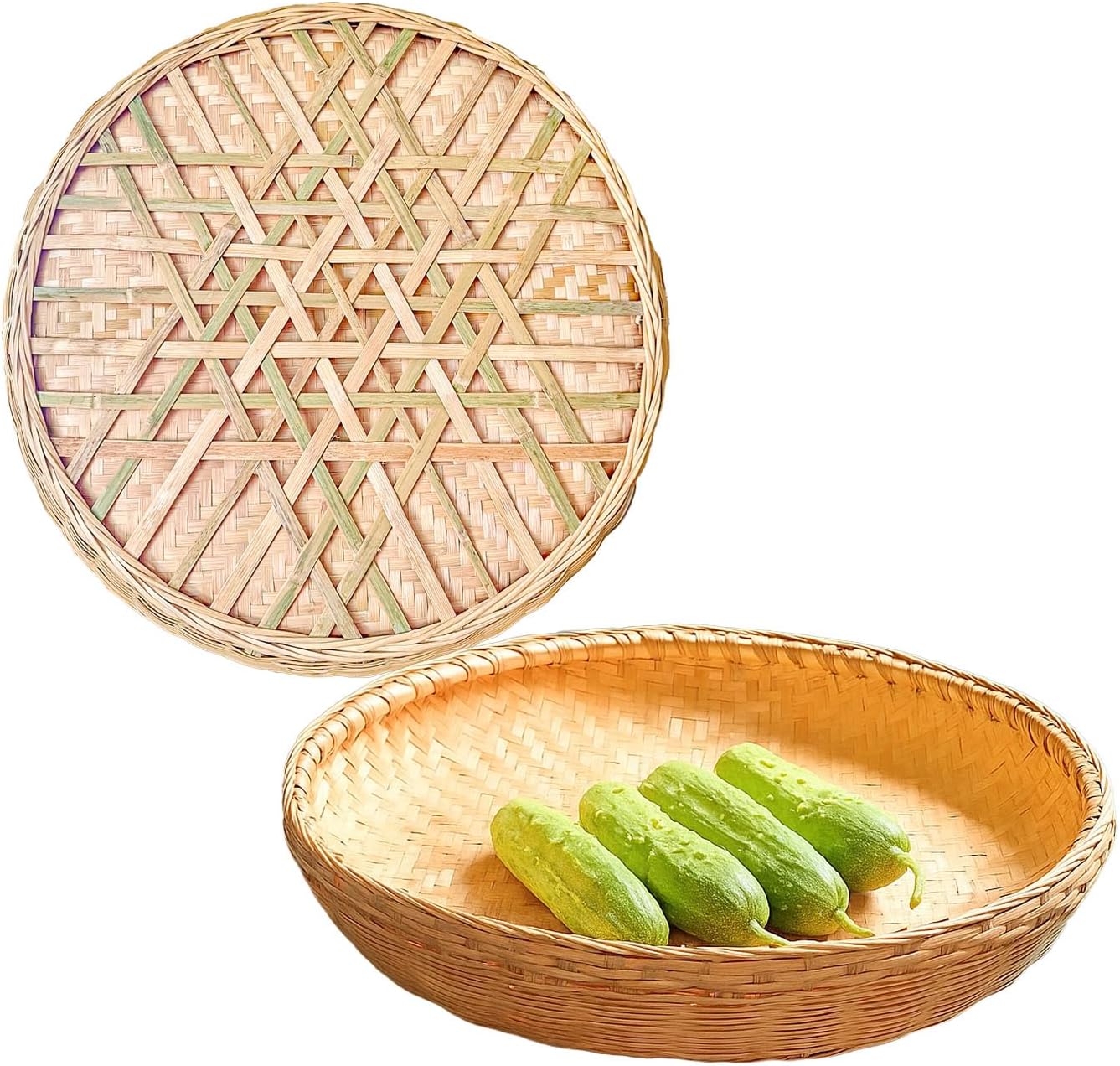 Bamboo Tray，Food Flatware trays，Bamboo and Rattan Fruit and Vegetable Basket with Flat Bottom,For Table, Kitchen,Outdoor Gathering and Dining Room Service or Decoration 2 Piece Set 餐厅服务托盘