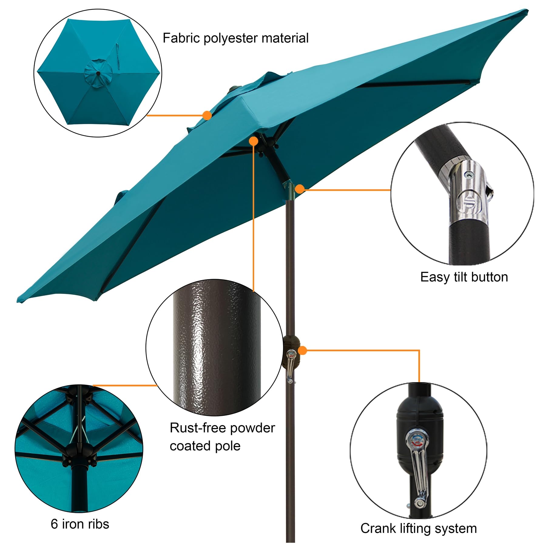 Blissun Ombrellone da giardino o patio, ombrellone per mercato all’aperto da 2,3 m, con manovella inclinabile a pulsante (blu ceruleo)