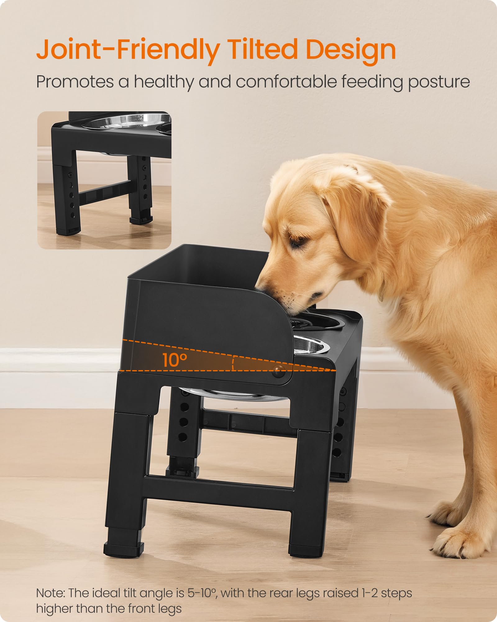 Feandrea Ciotole rialzate per cani con 1 alimentatore lento e due ciotole in acciaio inossidabile 304, altezza regolabile e design inclinato, colore nero inchiostro UPRB103B01