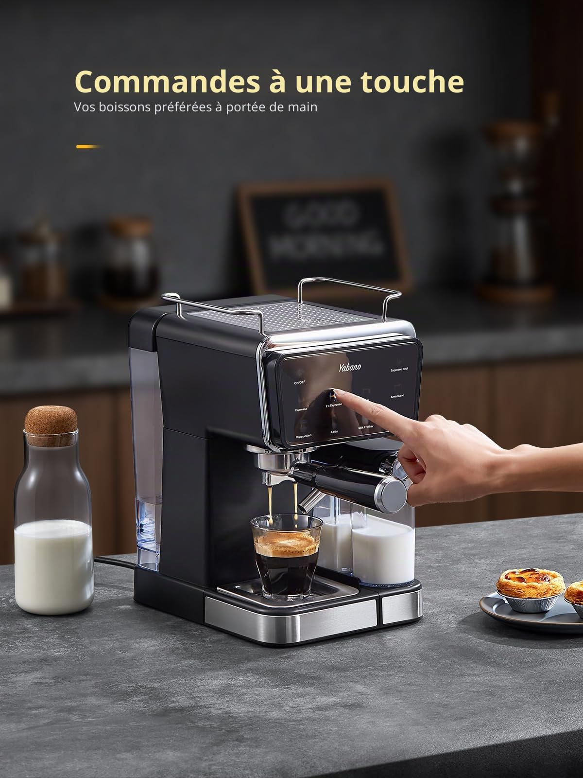 Yabano Machine à expresso, 20 bars, avec mousseur à lait automatique de 500 ml, 6 boissons, écran tactile couleur, réservoir d'eau de 1,5 l, cafetière cappuccino et latte, 1450 W
