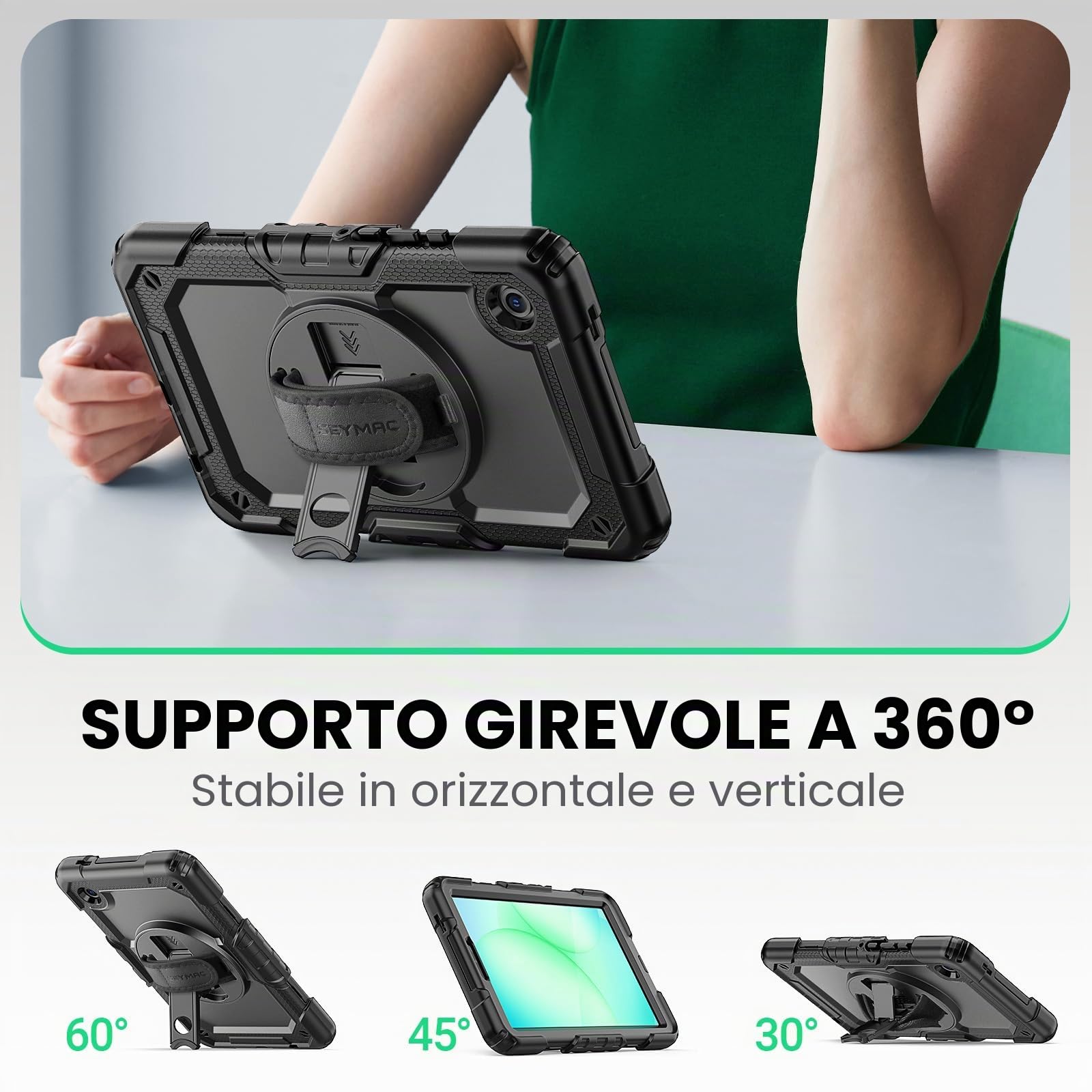 SEYMAC Custodia per Samsung Galaxy Tab A11 8,7" / Tab A9 8,7 Pollici (2025/2023), Custodia Antishock con Protezione Schermo, Supporto Girevole a 360° e Cinturino da Polso, Tracolla, Nero