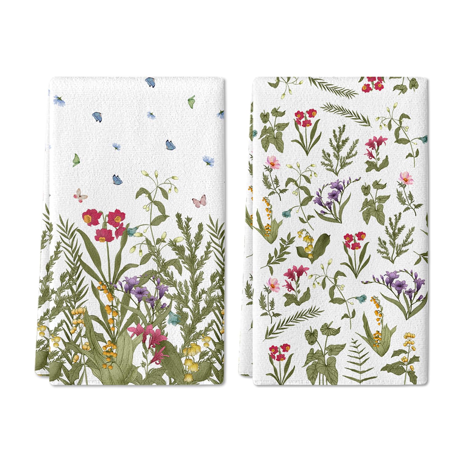 JAKITRE Summer Hand Towels Set of 2,Wildflower Butterfly Hand Towels for Bathroom Summer Decorative Soft Absorbent Washcloths for Bathroom Kitchen