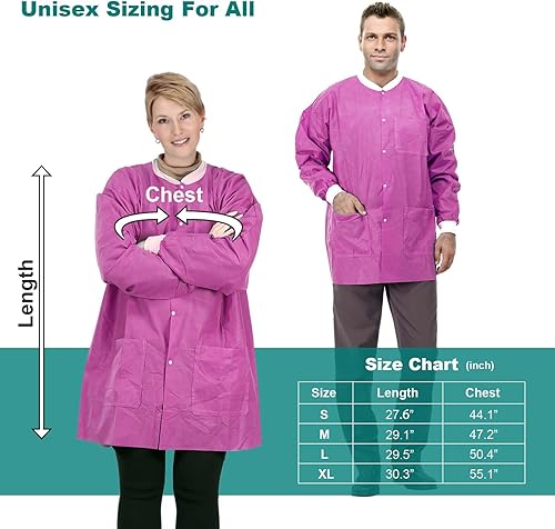 Miniatura 7 de Chaquetas de laboratorio desechables de grado dental, SMS duraderas, múltiples capas, 45G, longitud de la cadera con bolsillos y puños de punto,